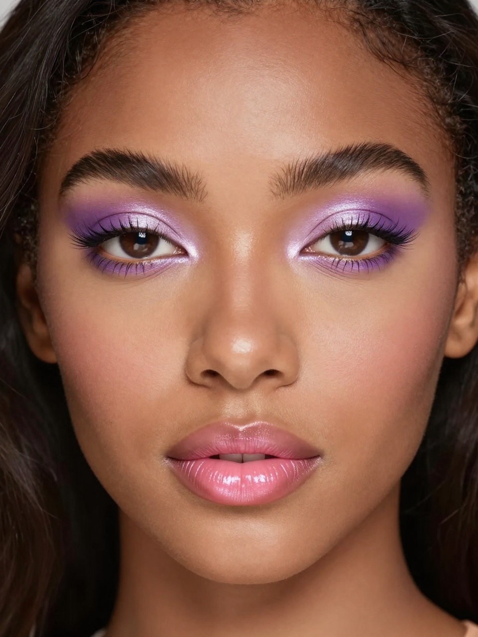 Super realistic close-up beauty portrait of a black woman wearing Lavender Shimmer Eyes with Satin Pink Lips on the inner and outer corners and lilac shimmer on the center lid, wispy lashes, cool champagne highlight, smooth blended complexion, pale nude pink glossy lips, and softly shaped brows, shot from a front-facing portrait, with diffused beauty studio lighting that clearly reveals the halo eye placement and shimmer texture, realistic skin texture, soft waves, blurred neutral background, feminine modern beauty photography, latest iPhone photo quality (no watermarks on images).