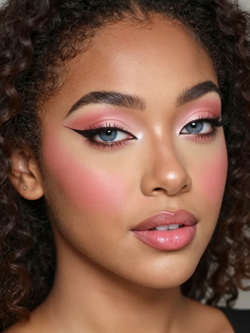 IMAGE_PROMPT: Super realistic close-up beauty portrait of a black young woman with blue eyes wearing lovely prom makeup, featuring soft pink eyeshadow over the lids, blush-beige crease blending, a neat chocolate-brown winged liner, curled lashes, rosy pink blush, beige pink glossy lips, polished brows, realistic skin texture with a smooth satin glow, shot from a three-quarter beauty angle, with soft flattering lighting that clearly reveals the liner shape, pink tones, blue eyes, and lip gloss, smooth face-framing curls, blurred blush-toned formal background, feminine modern beauty photography, latest iPhone photo quality.