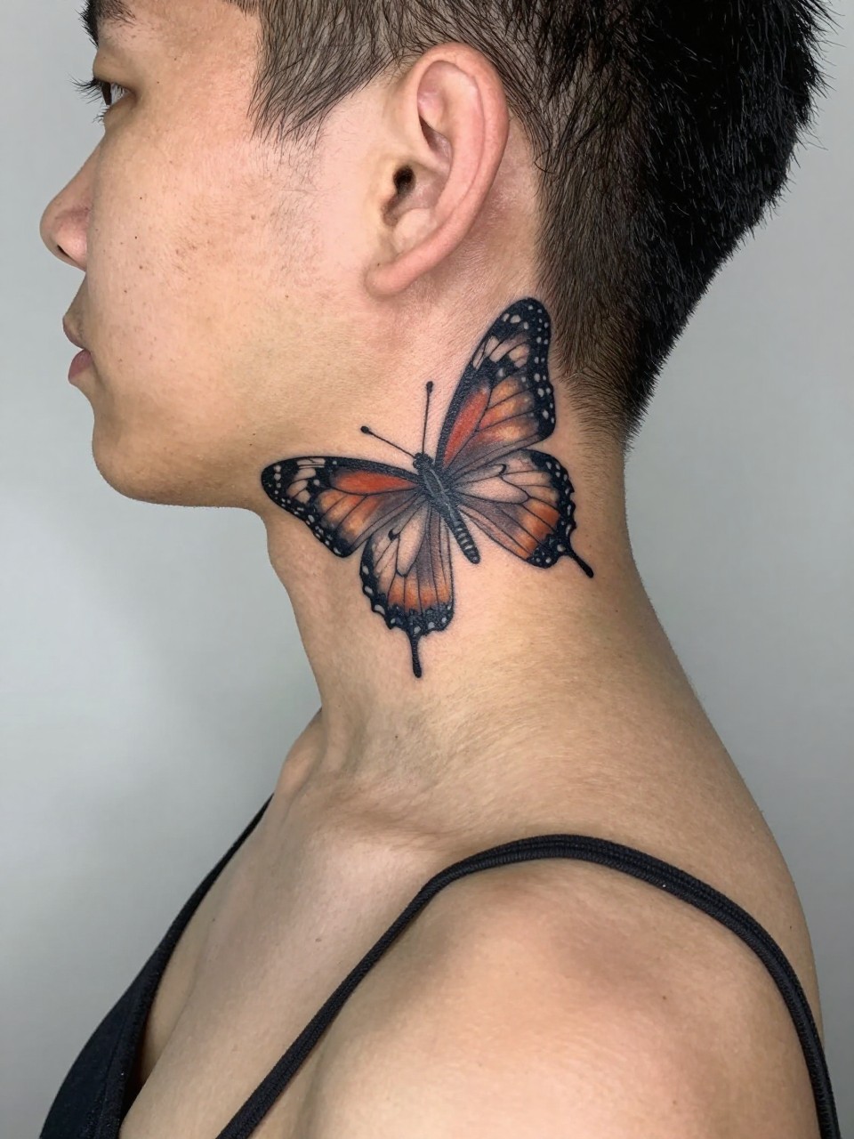 "Profile view: one side of the neck is covered by a single, massively detailed butterfly tattoo. The wing tips reach the jawline and shoulder. A statement of scale and ownership."