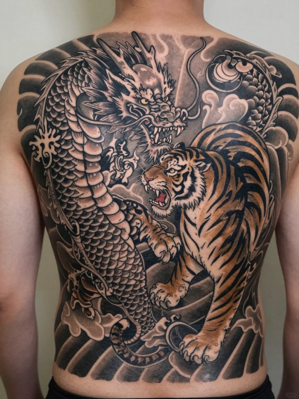 macro shot of a full back Japanese dragon and tiger tattoo on a man, dragon and tiger in dynamic battle composition, black and grey ink, detailed scales and stripes, bold traditional linework, smooth shading, realistic skin texture, dramatic full back composition, soft neutral background (no watermarks on images)