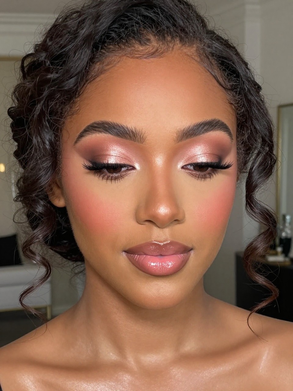 IMAGE_PROMPT: Super realistic close-up beauty portrait of a black young woman wearing classy soft glam prom makeup, featuring luminous rose gold shimmer eyeshadow across the lids, softly blended taupe-brown crease, subtle espresso-brown lash-line definition, fluttery curled lashes, peachy rose blush high on the cheeks, warm nude pink glossy lips, softly highlighted inner corners, polished brows, realistic skin texture with a smooth radiant satin glow, shot from a front-facing beauty portrait, with elegant diffused prom-style lighting that clearly reveals the shimmer, skin finish, and lip gloss, soft romantic curls framing the face, blurred upscale ballroom background, feminine modern beauty photography, latest iPhone photo quality.