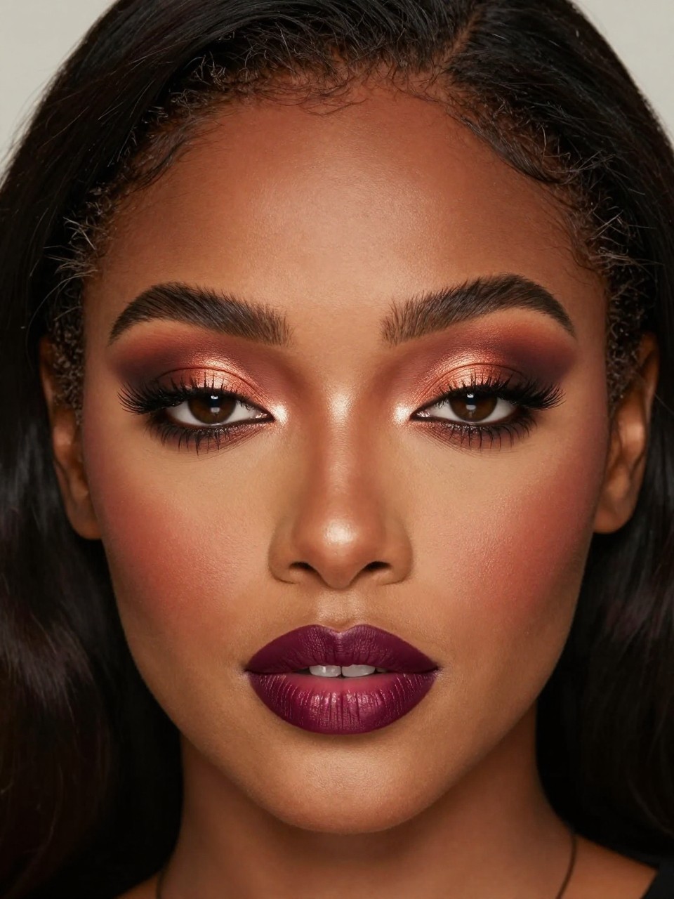 Super realistic close-up beauty portrait of a black woman wearing burnt copper pirate eye makeup with warm brown smoky blending, smudged brown liner, terracotta blush, dark berry cream lips, and full lashes, shot from a front-facing portrait, with soft vanity lighting that clearly reveals the makeup texture and color, realistic skin texture, softly styled hair, minimal background, feminine modern beauty photography, latest iPhone photo quality.
