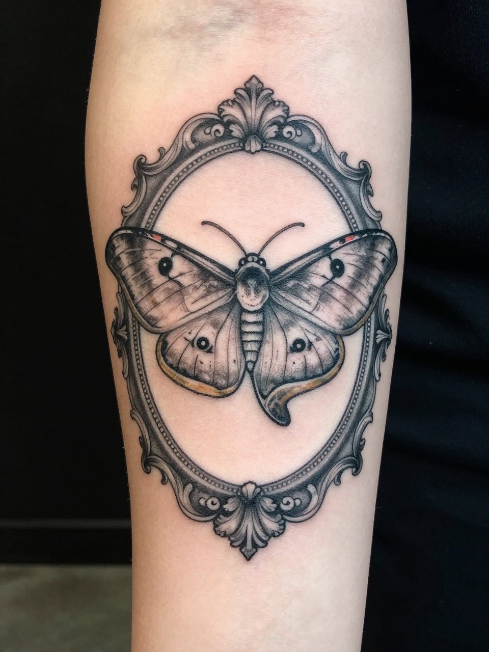  "Inner forearm view: an ornate, scrolling baroque frame tattoo containing a perfectly rendered luna moth. The frame is shaded to look like tarnished silver."