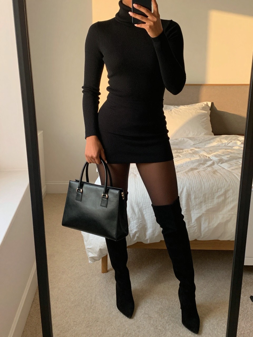 iPhone mirror selfie of a black woman in a Turtleneck & Knee-High Boots, holding a structured black handbag, cropped at NECK so face doesn't show, in a feminine-themed bedroom, evening golden hour, iPhone photo quality.