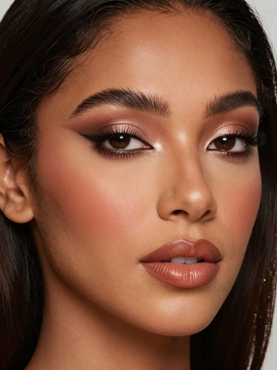 Super realistic close-up beauty portrait of a black latina woman wearing warm brown shimmer eyeshadow with espresso depth, dark brown liner, warm cinnamon rose blush, cinnamon nude satin lips, and full lashes, shot from a three-quarter view, with diffused beauty studio lighting that clearly reveals the makeup texture and color, realistic skin texture, softly styled hair, minimal background, feminine modern beauty photography, latest iPhone photo quality.