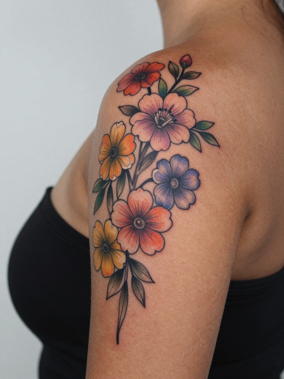 close-up of a rainbow floral vine tattoo on dark skin along the shoulder curve, flowers in pink orange yellow purple and blue, delicate green leaves, clean outline, realistic skin texture, off-shoulder top visible, design-focused close-up, minimal blurred background, modern tattoo photography (no watermarks on images)