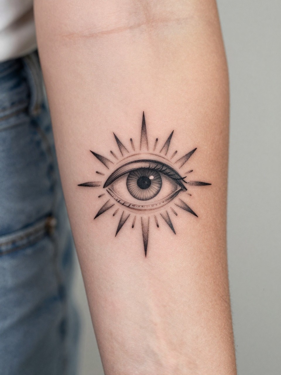  "close-up of an evil eye with sun rays boho flash tattoo on women's inner arm, black ink, fine line eye symbol, clean radiant detail, earthy spiritual boho style, realistic skin texture, ring visible, design-focused close-up, blurred neutral background, modern tattoo photography (no watermarks on images)"