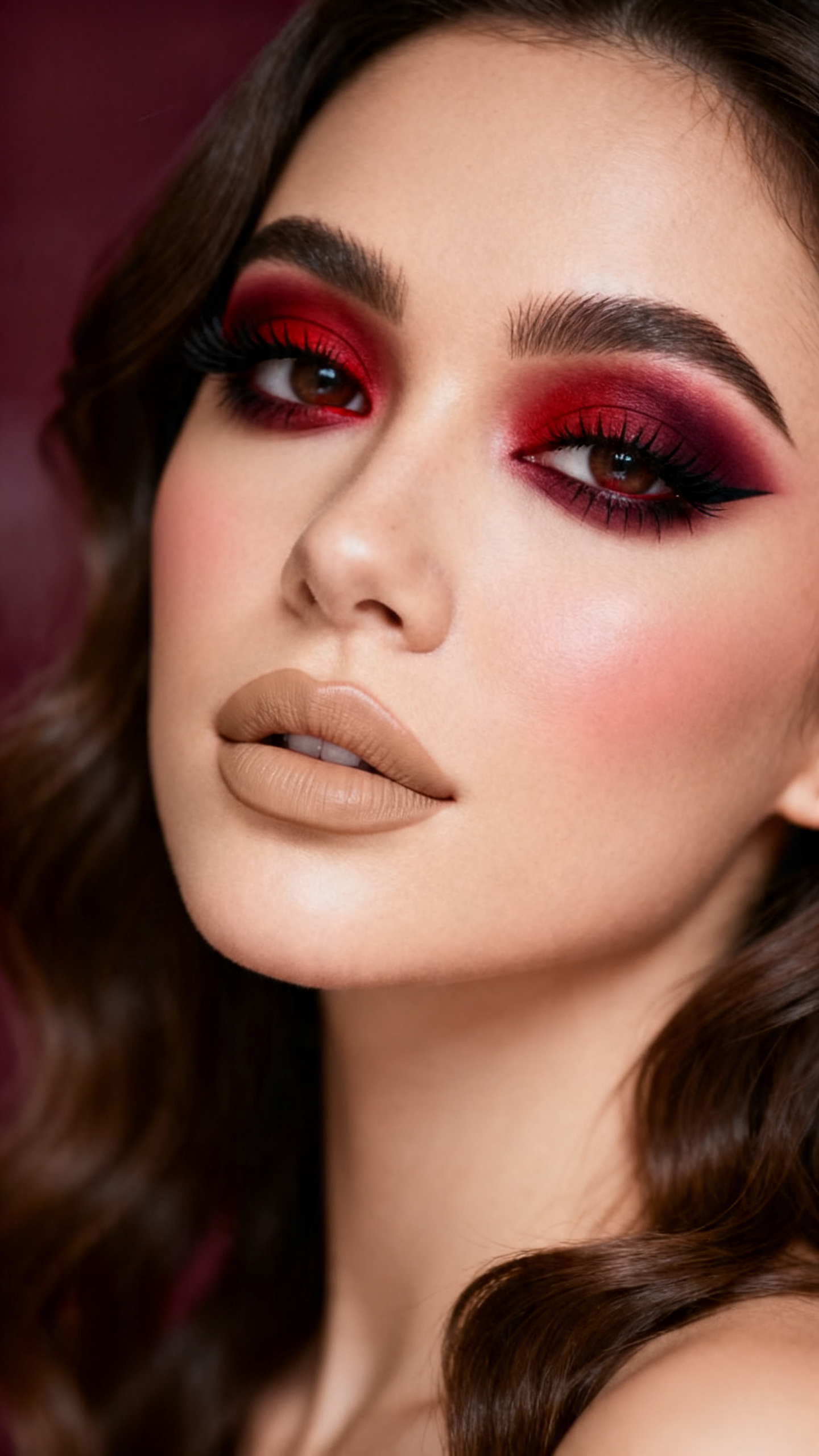 Super realistic close-up beauty portrait of a woman wearing dramatic crimson smoky eyes with burgundy depth and deep brown outer-corner shading, black brown liner, full volumized lashes, soft neutral tan blush, nude beige satin lips, structured brows, realistic skin texture with a smooth satin-matte finish, shot from a three-quarter beauty angle, with diffused beauty lighting that clearly reveals the red eye blending, lash definition, and satin lip finish, softly waved hair, blurred wine-toned background, feminine modern beauty photography, latest iPhone photo quality.