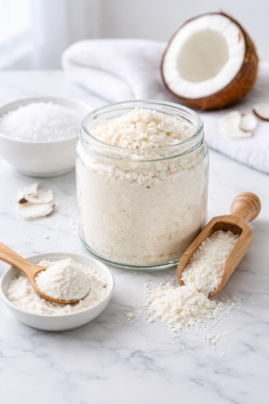 A realistic close-up photo of a glass jar filled with coconut milk bath soak on a clean white marble countertop. A small bowl of Epsom salt, a spoonful of coconut milk powder, and a wooden scoop are placed neatly around the jar. Bright cool-toned natural light, crisp detail, realistic texture, clean minimal setup, strong focus on the soft powdery bath soak, no people, no text, (no watermarks on images)