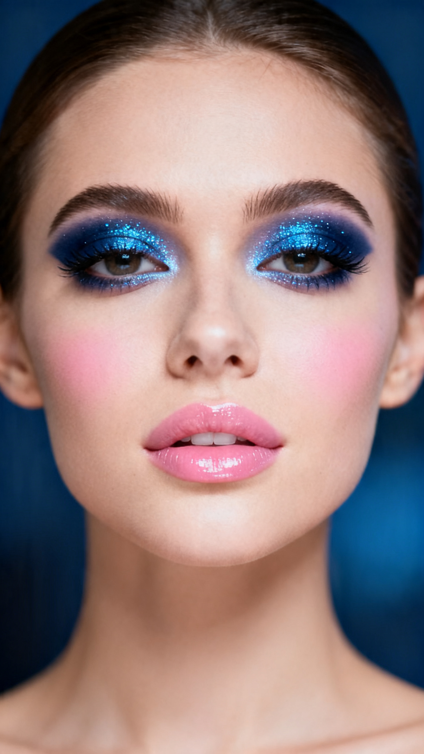 Super realistic close-up beauty portrait of a woman wearing rich sapphire-blue glitter eyeshadow layered over a navy base, neat softly diffused edges, soft cool pink blush, pale pink nude glossy lips, defined lashes, polished brows, realistic skin texture with a smooth satin glow, shot from a front-facing beauty portrait, with bright diffused studio lighting that clearly reveals the sapphire glitter sparkle, navy depth, and pale glossy lips, sleek tucked hair, blurred midnight-blue background, feminine modern beauty photography, latest iPhone photo quality.