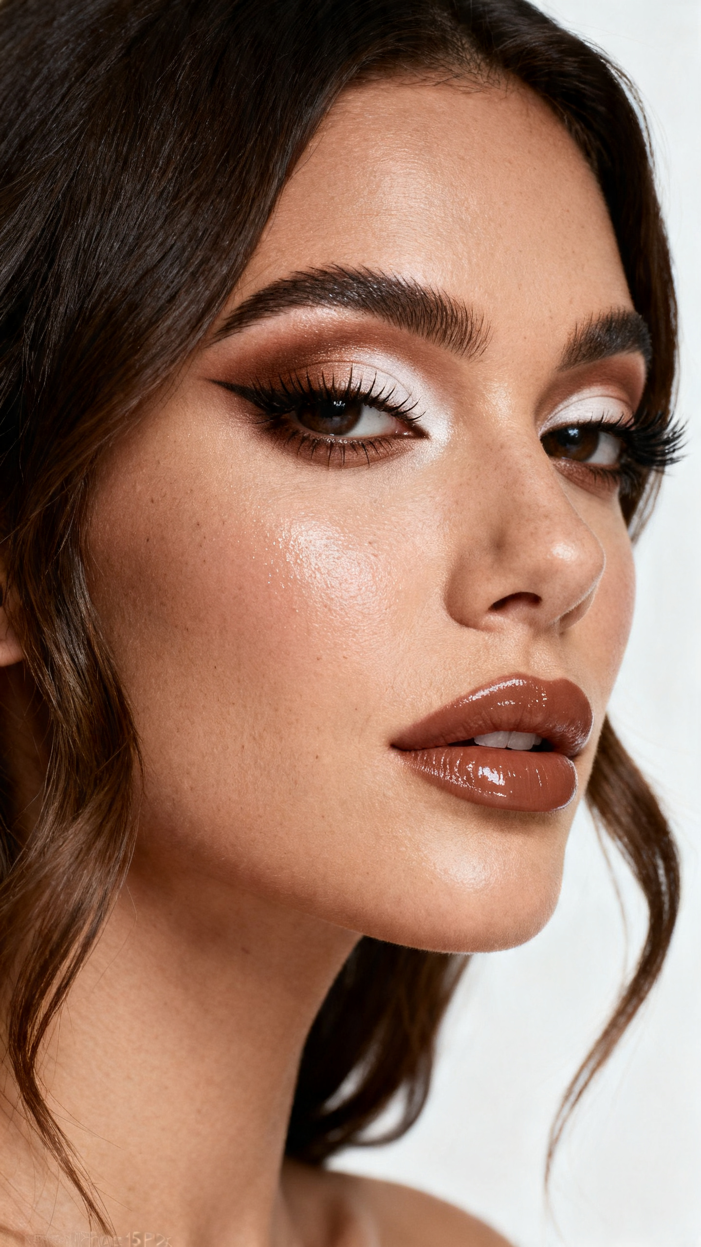 Super realistic close-up beauty portrait of a woman wearing an espresso cut crease with pale defined lid, dark brown liner, fluttery lashes, softly highlighted skin, glossy brown nude lips, and shaped brows, shot from a three-quarter view, with diffused beauty studio lighting that clearly reveals the makeup texture and color, realistic skin texture, softly styled hair, minimal background, feminine modern beauty photography, latest iPhone photo quality.