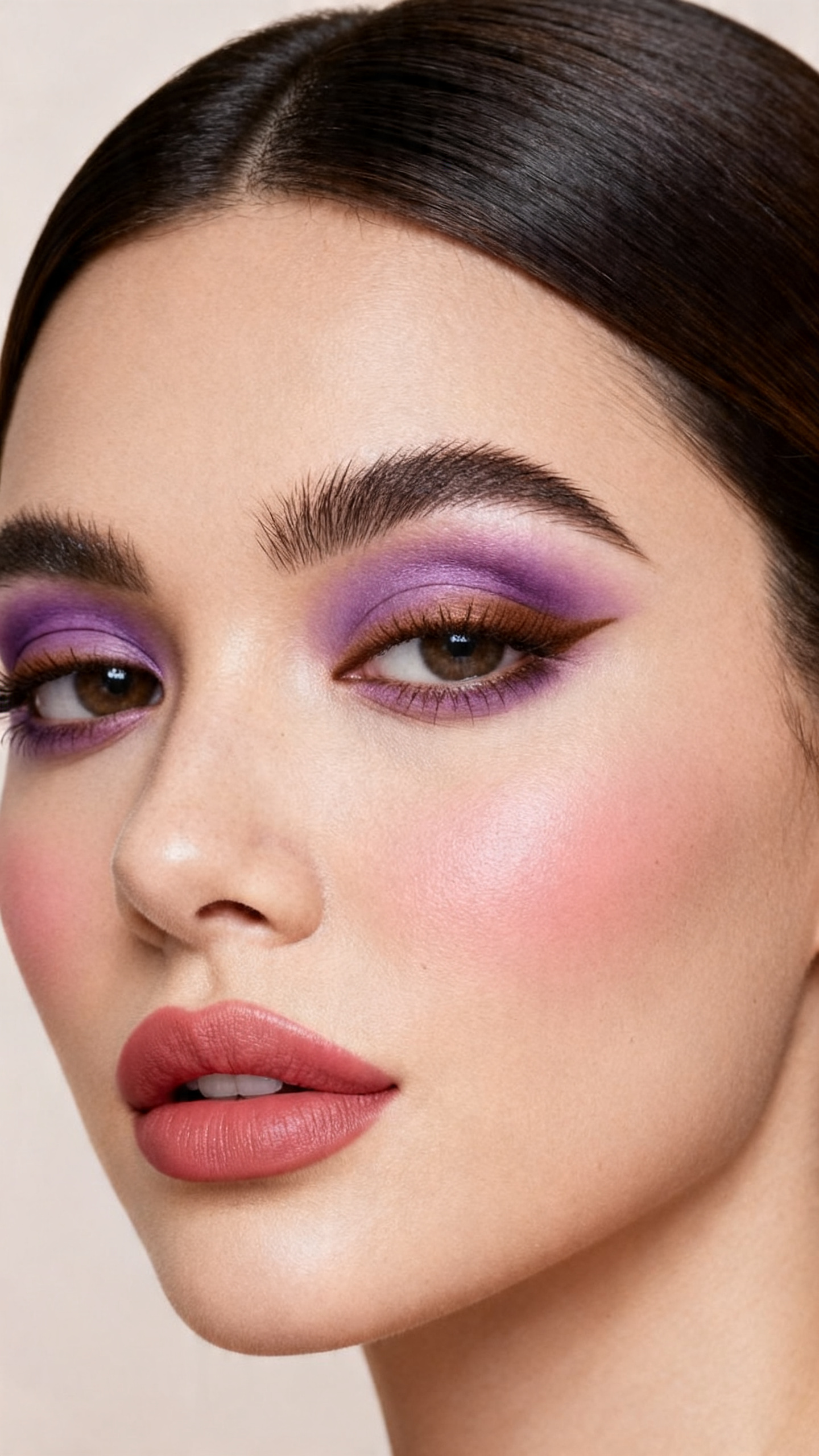 Super realistic close-up beauty portrait of a woman wearing mauve purple smoky eyes blended with soft brown depth at the outer corners, softly smudged brown eyeliner, satin skin, rose blush, rosy nude satin lips, and defined fluffy brows, shot from a three-quarter view, with soft vanity lighting that clearly reveals the blended eye texture and lip color, realistic skin texture, sleek middle-part hair, minimal soft background, feminine modern beauty photography, latest iPhone photo quality (no watermarks on images).