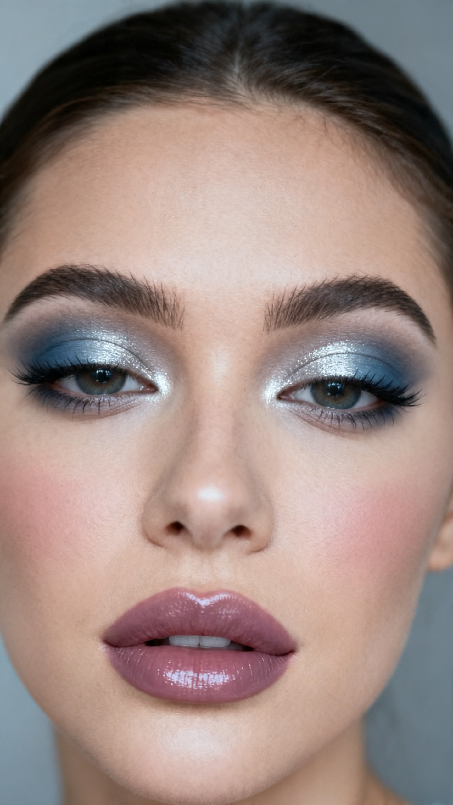 Super realistic close-up beauty portrait of a woman wearing elegant steel-blue eyeshadow across the lids with gray-taupe crease shaping and silver-pearl inner-corner highlight, soft charcoal liner, muted mauve-rose blush, cool mauve nude glossy lips, clean volumized lashes, refined brows, realistic skin texture with a smooth satin finish, shot from a front-facing beauty portrait, with cool diffused studio lighting that clearly reveals the steel-blue tones, pearl highlight, and mauve lip gloss, softly tucked hair, blurred cool gray background, feminine modern beauty photography, latest iPhone photo quality.
