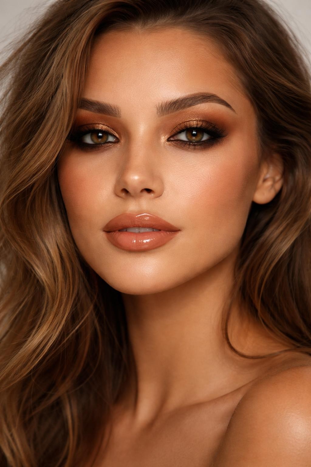Super realistic close-up beauty portrait of a woman wearing bronze pirate smoky eyes with warm brown depth, smudged deep brown liner, caramel-bronzed skin, soft brown nude glossy lips, and lifted lashes, shot from a front-facing portrait, with soft studio lighting that clearly reveals the makeup texture and color, realistic skin texture, softly styled hair, minimal background, feminine modern beauty photography, latest iPhone photo quality.