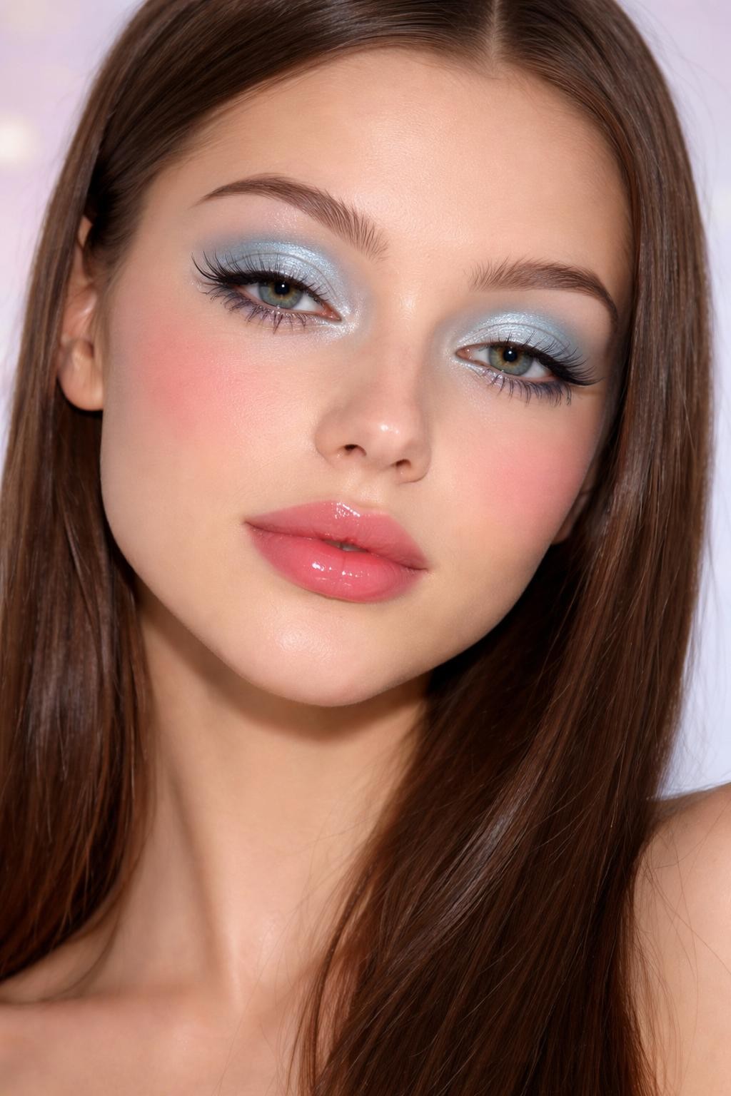 IMAGE_PROMPT: Super realistic close-up beauty portrait of a woman wearing true Y2K makeup with icy baby blue shimmer eyeshadow covering the full eyelids, pale silver inner-corner highlight, thin black pencil liner, separated spiky lashes, cool baby pink blush high on the cheeks, glossy candy pink lips with strong shine, softly arched thin brows, smooth satin skin with realistic texture, shot from a front-facing beauty portrait, with soft flash-style vanity lighting that clearly reveals the shimmer, gloss, and early-2000s makeup texture, sleek straight hair framing the face, softly blurred pastel background, feminine modern beauty photography, latest iPhone photo quality.