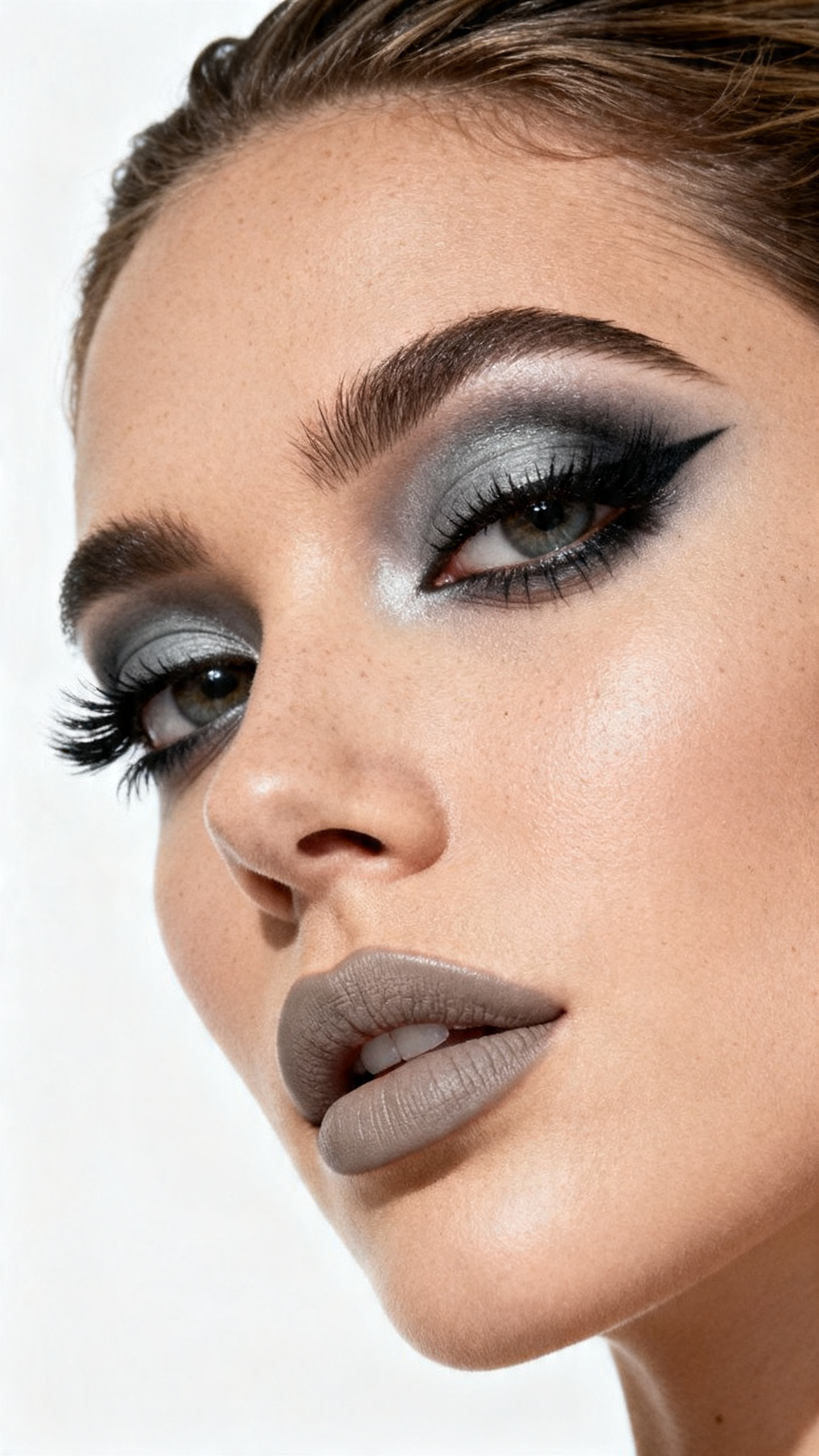 Super realistic close-up beauty portrait of a woman wearing gunmetal pirate smoky eyes with slate gray blending, smudged black kohl liner, soft matte skin, greige satin lips, and dramatic lashes, shot from a three-quarter view, with diffused beauty studio lighting that clearly reveals the makeup texture and color, realistic skin texture, softly styled hair, minimal background, feminine modern beauty photography, latest iPhone photo quality.