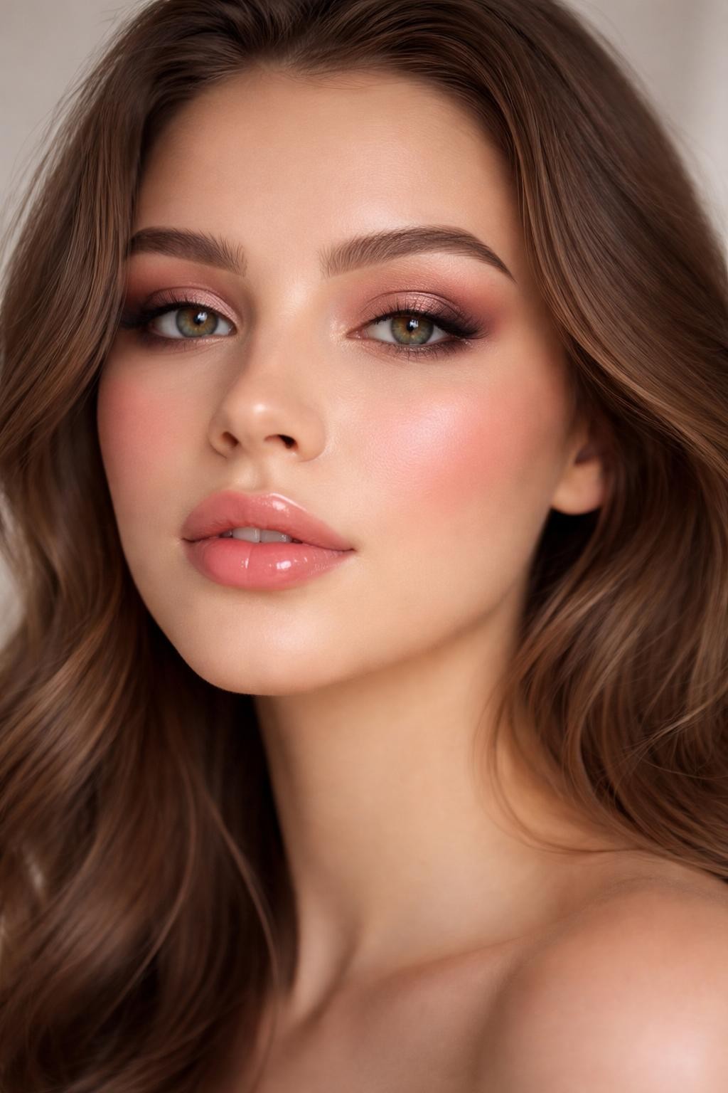 Super realistic close-up beauty portrait of a woman wearing dusty pink eyeshadow with muted brown blending, rosy pink cheeks, rosy nude glossy lips, soft volume lashes, and groomed brows, shot from a front-facing portrait, with soft studio lighting that clearly reveals the makeup texture and color, realistic skin texture, softly styled hair, minimal background, feminine modern beauty photography, latest iPhone photo quality.