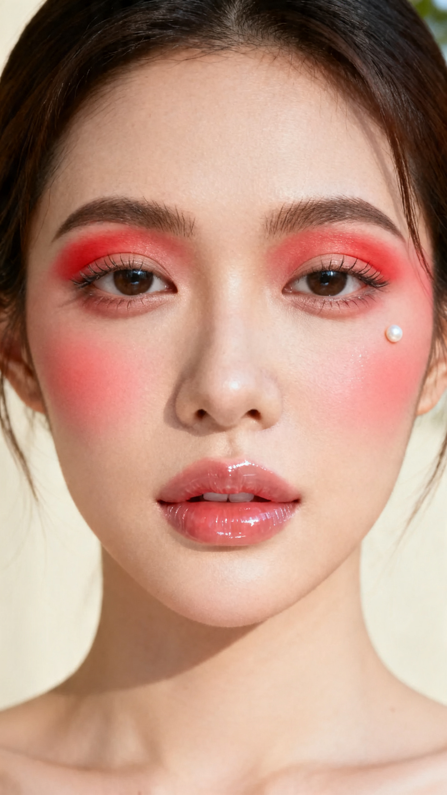 Super realistic close-up beauty portrait of a woman wearing bold red blush draping high across the cheeks and softly toward the temples, clean neutral eyelids, lightly defined lashes, clear pearl highlight on the cheekbones, ultra-glossy clear lips, softly brushed brows, realistic skin texture with a fresh natural finish, shot from a front-facing beauty portrait, with soft natural daylight that clearly reveals the blush placement, fresh skin, and gloss shine, loose tucked-back hair, minimal soft cream background, feminine modern beauty photography, latest iPhone photo quality.