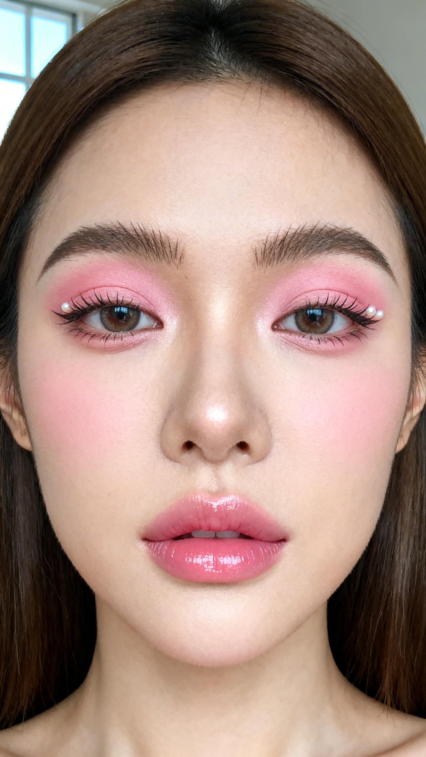 Super realistic close-up beauty portrait of a woman wearing soft petal pink matte eyeshadow with bright pearl inner corners, clean lifted lashes, bright under-eye area, cool pink blush, sheer blush-pink glossy lips, and neat feathered brows, shot from a front-facing portrait, with soft natural window light that clearly reveals the eye brightness and skin finish, realistic skin texture, softly styled straight hair, minimal neutral background, feminine modern beauty photography, latest iPhone photo quality (no watermarks on images).
