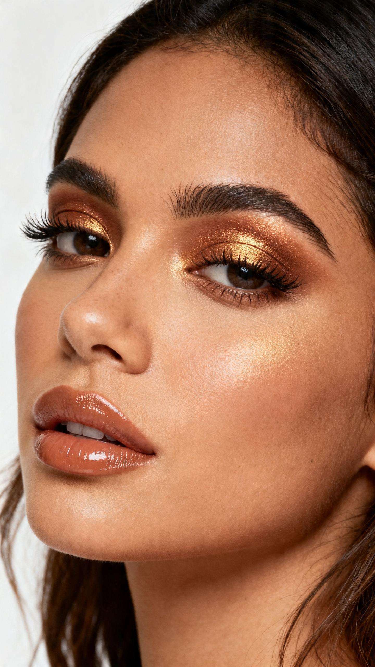 Super realistic close-up beauty portrait of a latina woman wearing bronzed monochrome makeup with soft bronze shimmer lids, warm golden bronzed skin, bronzed nude glossy lips, natural volume lashes, and softly defined brows, shot from a three-quarter view, with diffused beauty studio lighting that clearly reveals the makeup texture and color, realistic skin texture, softly styled hair, minimal background, feminine modern beauty photography, latest iPhone photo quality.