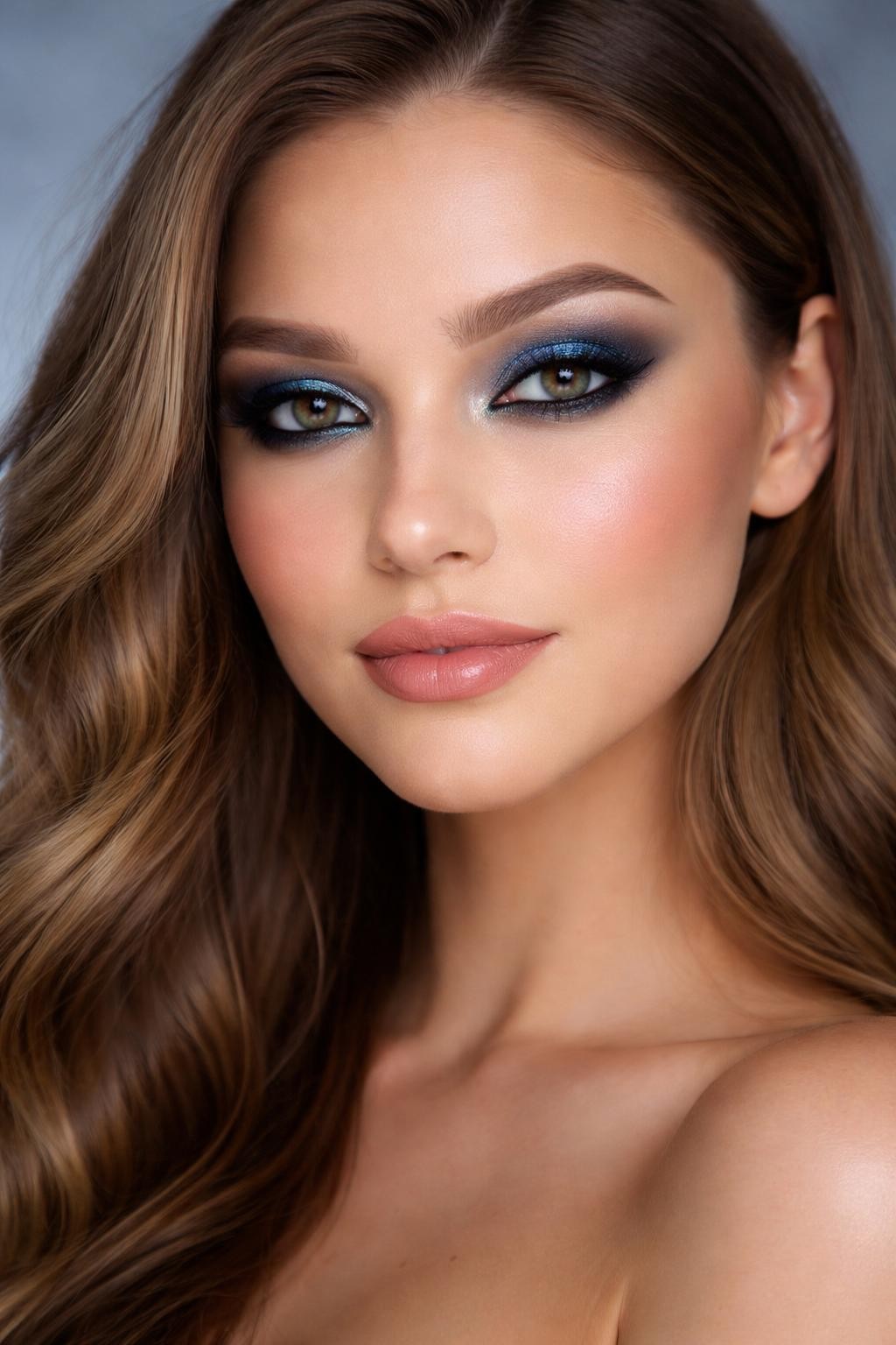 IMAGE_PROMPT: Super realistic close-up beauty portrait of a woman wearing denim-blue smoky eyes with slate-blue crease blending and muted brown outer-corner depth, deep espresso liner, warm rose-nude blush, satin rose nude lips, soft volumized lashes, polished brows, realistic skin texture with a soft satin finish, shot from a front-facing beauty portrait, with soft diffused vanity lighting that clearly reveals the denim blue tones, eye blending, and satin lip finish, softly waved hair, blurred blue-gray background, feminine modern beauty photography, latest iPhone photo quality.