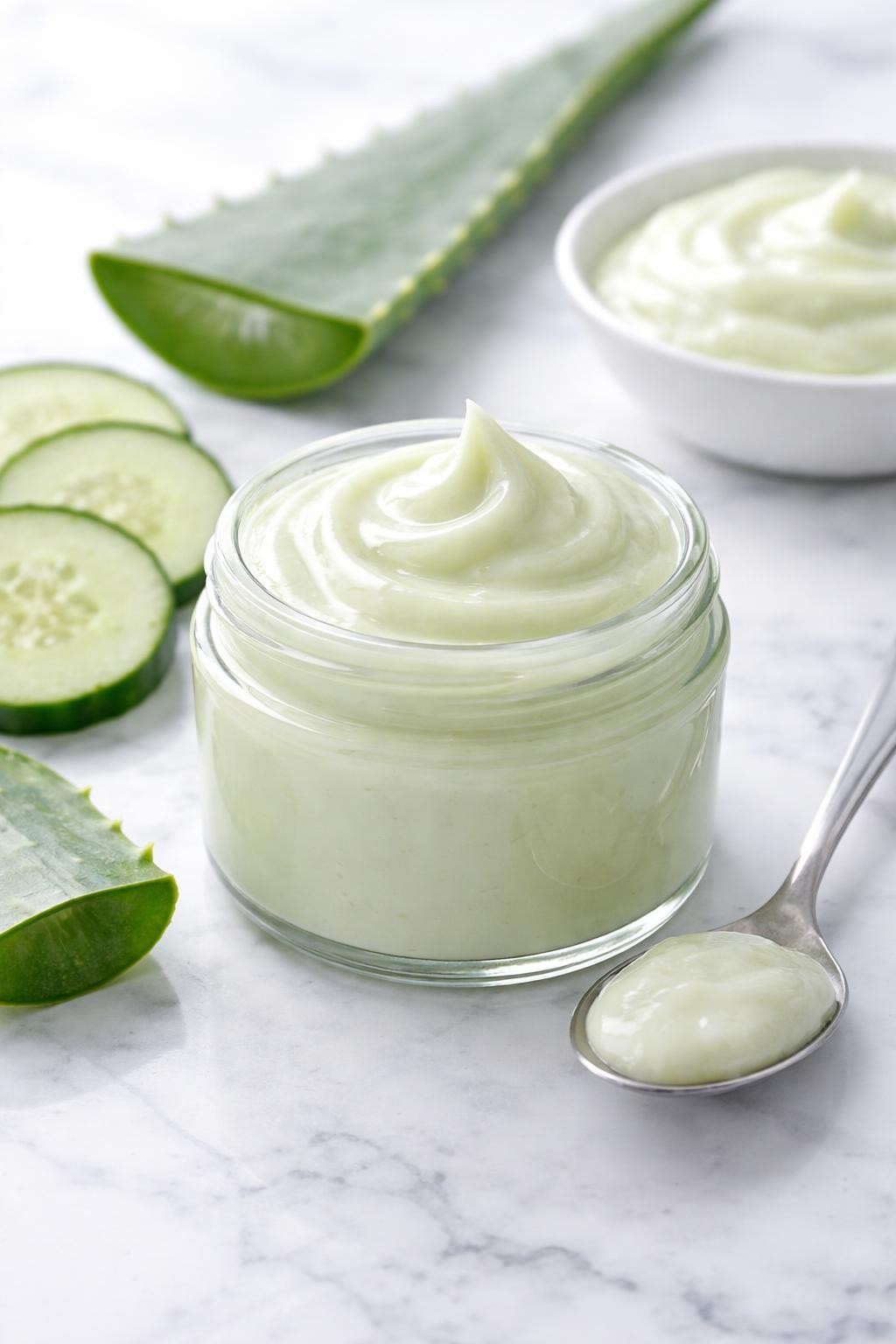 A realistic close-up photo of a small glass jar filled with cucumber aloe hair conditioner on a clean white marble countertop. Cucumber slices, a cut aloe leaf, a spoon, and a dish of conditioner base are placed neatly around the jar. Bright cool-toned natural light, crisp detail, realistic texture, clean minimal setup, strong focus on the fresh pale green conditioner texture, no people, no text, (no watermarks on images)