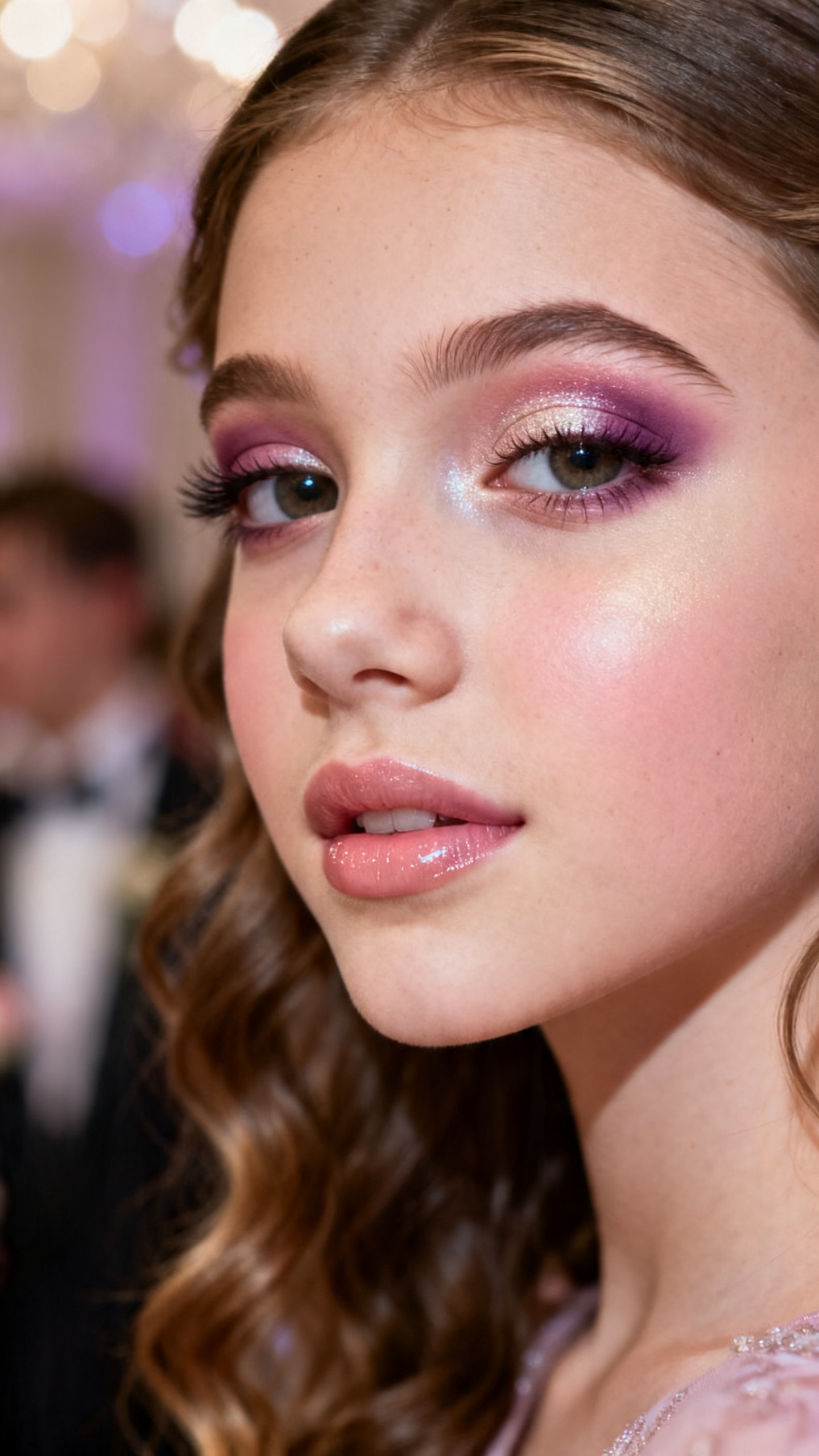 Super realistic close-up beauty portrait of a teen girl wearing classy soft glam prom makeup, featuring a soft mauve halo eye with rosy taupe inner and outer corners, pale shimmer center-lid highlight, fluttery lashes, dusty rose blush, soft pink-champagne highlight, pink beige glossy lips, refined brows, realistic skin texture with a radiant satin finish, shot from a three-quarter beauty angle, with romantic diffused lighting that clearly reveals the halo eye shape, glow, and glossy lips, softly styled curls, blurred dreamy formal background, feminine modern beauty photography, latest iPhone photo quality.