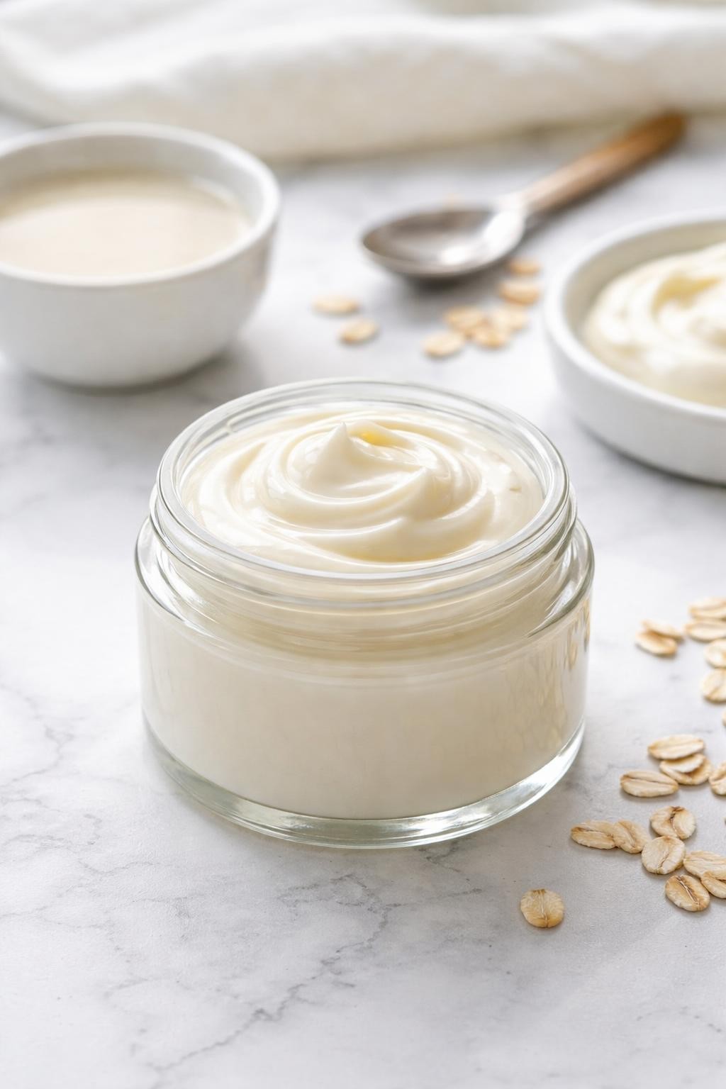 A realistic close-up photo of a small glass jar filled with oat milk softening hair conditioner on a clean white marble countertop table. A small bowl of oat milk, a spoon, and a dish of conditioner base are placed neatly around the jar. Bright natural light, crisp detail, realistic texture, clean minimal setup, strong focus on the smooth conditioner texture and jar, no people, no text, (no watermarks on images)