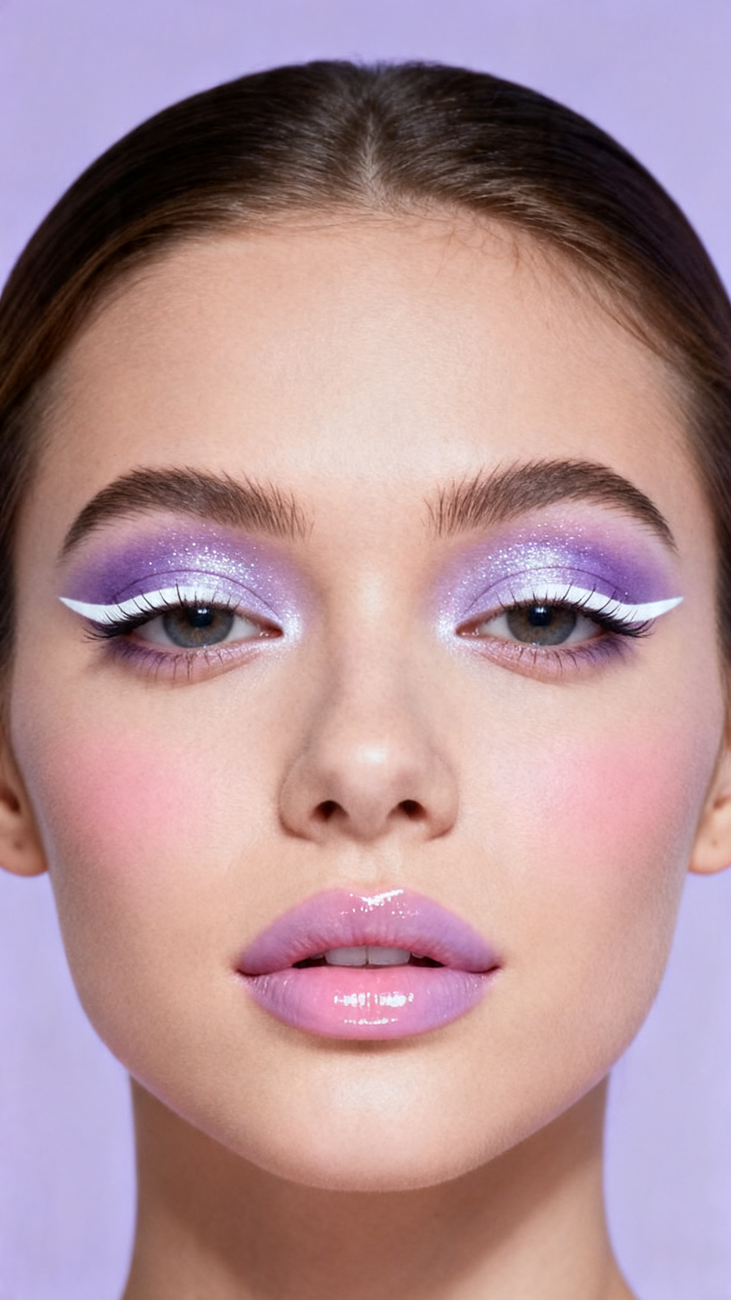 Super realistic close-up beauty portrait of a woman wearing Y2K lavender shimmer eyeshadow with icy lilac shine across rounded lids, bright white waterline pencil, defined top and lower lashes, soft pink-lavender blush, pale lilac pink glossy lips, softly glowing satin skin with realistic texture, delicate thin brows, shot from a front-facing portrait, with cool diffused beauty lighting that clearly reveals the shimmer tone, white waterline detail, and glossy lips, silky hair tucked behind the ears, soft lavender backdrop, feminine modern beauty photography, latest iPhone photo quality.