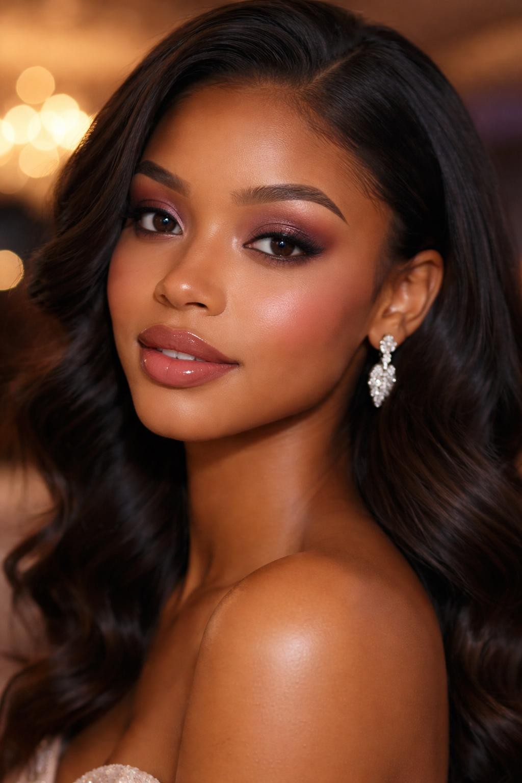 IMAGE_PROMPT: Super realistic close-up beauty portrait of a young black woman with brown eyes wearing cute prom makeup, featuring mauve and soft plum smoky eyeshadow with blended brown outer-corner depth, dark brown-plum liner, full fluttery lashes, muted rose blush, glossy berry nude lips, softly luminous cheekbones, shaped brows, realistic skin texture with a smooth satin-glow finish, shot from a three-quarter beauty angle, with flattering diffused prom-style lighting that clearly reveals the mauve smoke, lash fullness, and glossy lips, soft romantic waves, blurred evening-event background, feminine modern beauty photography, latest iPhone photo quality.