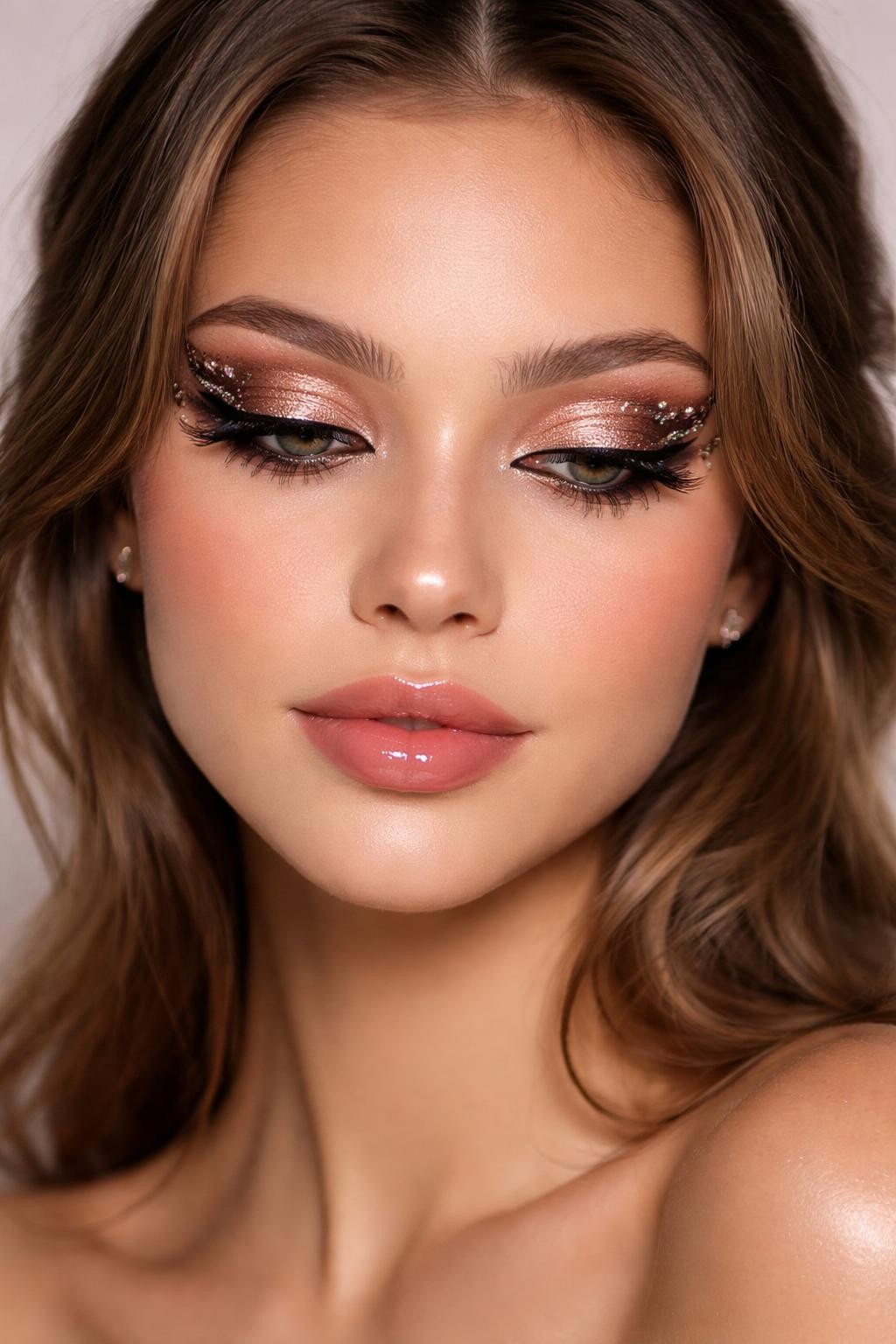  Super realistic close-up beauty portrait of a woman wearing rose gold butterfly eye makeup with shimmering lids, dark brown butterfly liner, warm champagne highlight, rosy nude glossy lips, and wispy lashes, shot from a front-facing portrait, with soft studio lighting that clearly reveals the makeup texture and color, realistic skin texture, softly styled hair, minimal background, feminine modern beauty photography, latest iPhone photo quality.