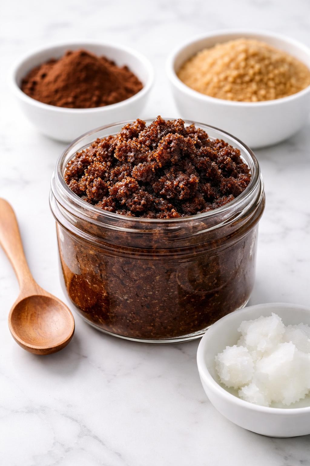 A realistic close-up photo of a glass jar filled with cocoa brown sugar scrub on a clean white marble countertop. A small bowl of cocoa powder, a bowl of brown sugar, a dish of coconut oil, and a wooden spoon are arranged neatly around the jar. Bright cool-toned natural light, crisp detail, realistic texture, clean minimal setup, strong focus on the rich scrub texture and jar, no people, no text, (no watermarks on images)