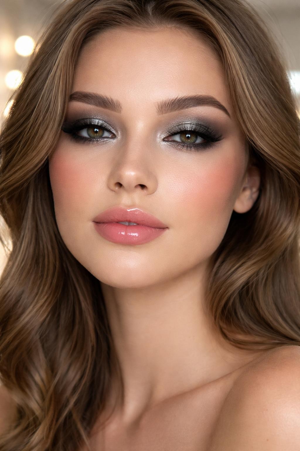 Super realistic close-up beauty portrait of a woman wearing metallic gunmetal eyeshadow with cool gray blending, black mascara, softly flushed cheeks, soft pink glossy lips, and neat brows, shot from a front-facing portrait, with soft vanity lighting that clearly reveals the makeup texture and color, realistic skin texture, softly styled hair, minimal background, feminine modern beauty photography, latest iPhone photo quality.