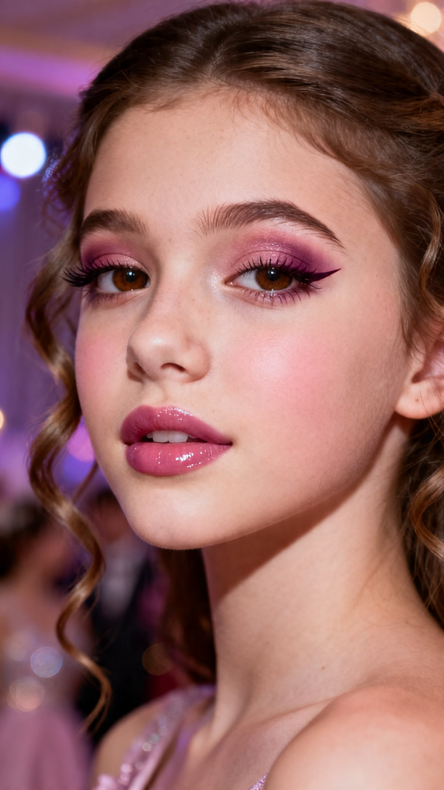 Super realistic close-up beauty portrait of a teenage woman with brown eyes wearing cute prom makeup, featuring soft pink-brown and muted mauve eyeshadow, a defined plum liner with a small lifted flick, fluttery lengthened lashes, soft rosy-mauve blush, mauve pink glossy lips, polished brows, realistic skin texture with a smooth luminous finish, shot from a three-quarter beauty angle, with romantic diffused lighting that clearly reveals the plum liner color, soft mauve tones, and glossy lips, soft curled hairstyle, blurred dreamy prom-night background, feminine modern beauty photography, latest iPhone photo quality.