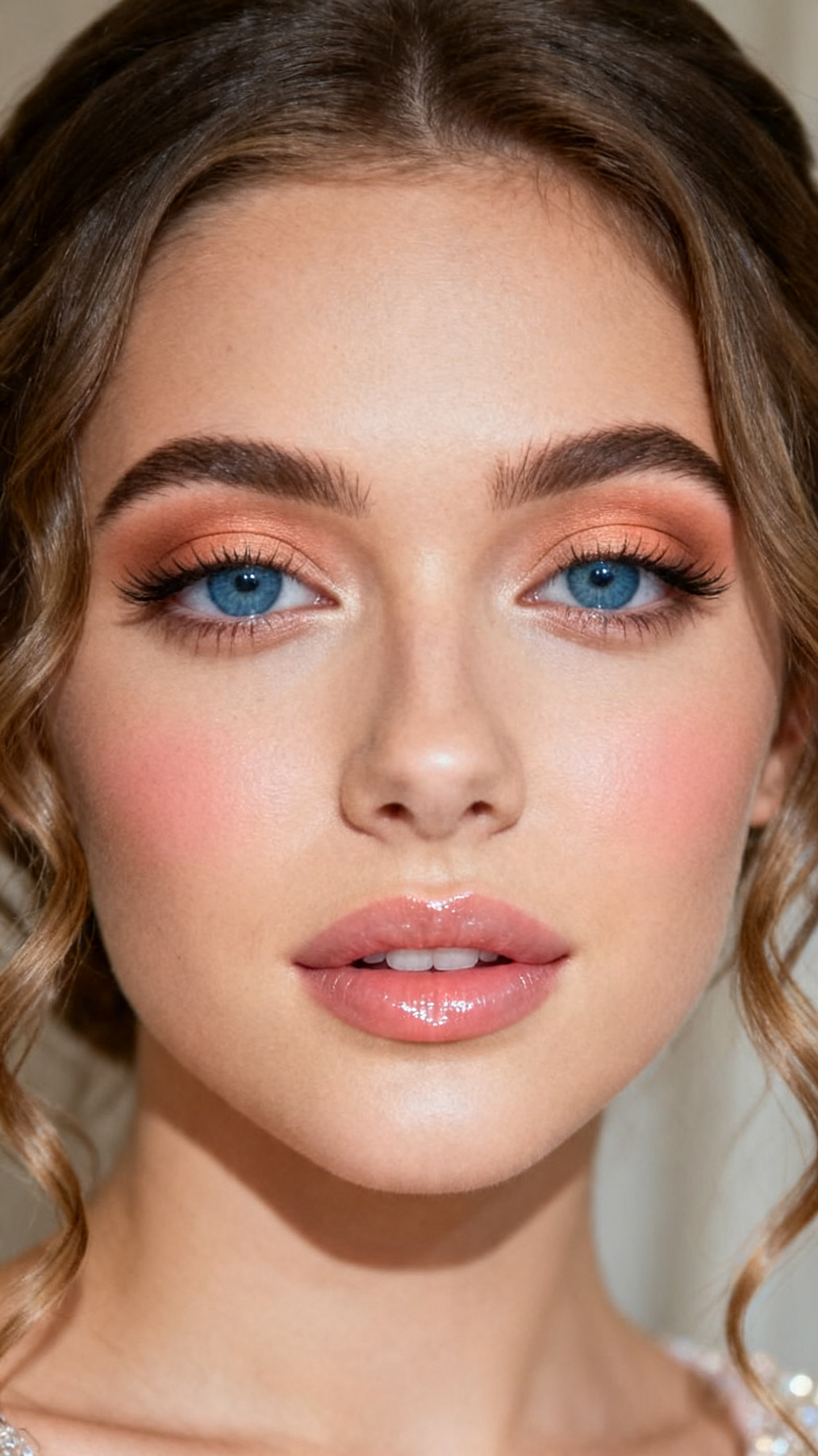 Super realistic close-up beauty portrait of a young woman with blue eyes wearing lovely prom makeup, featuring soft peach matte eyeshadow across the lids, light warm-brown crease shaping, naturally lifted lashes, peach-pink blush, subtle clear glow highlight, ultra-clear glossy lips, softly brushed brows, realistic skin texture with a fresh luminous finish, shot from a front-facing beauty portrait, with soft natural-inspired prom lighting that clearly reveals the matte peach eyes, blue eyes, and clear gloss shine, loose soft curls framing the face, blurred elegant neutral background, feminine modern beauty photography, latest iPhone photo quality.