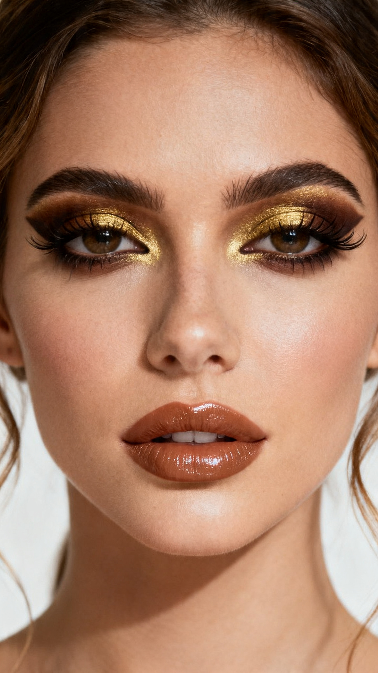 Super realistic close-up beauty portrait of a woman wearing antique gold pirate eye makeup with smoked brown edges, dark brown liner, softly highlighted skin, caramel nude glossy lips, and curled lashes, shot from a front-facing portrait, with soft studio lighting that clearly reveals the makeup texture and color, realistic skin texture, softly styled hair, minimal background, feminine modern beauty photography, latest iPhone photo quality.