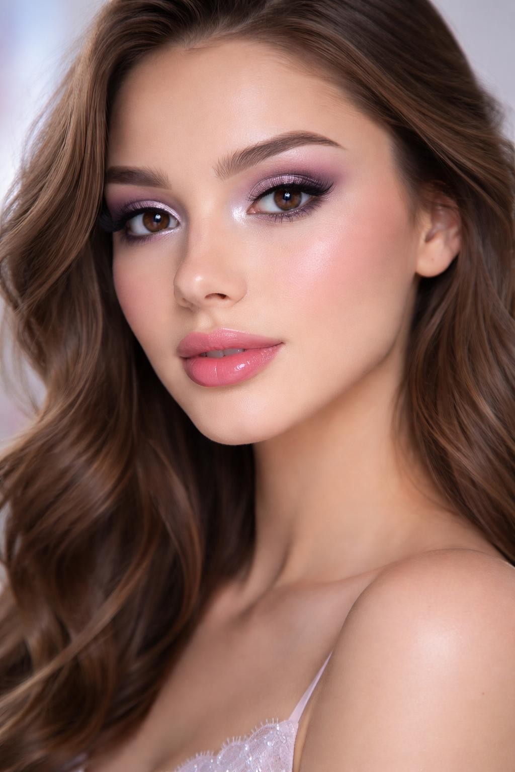 IMAGE_PROMPT: Super realistic close-up beauty portrait of a young woman with brown eyes wearing cute prom makeup, featuring soft lavender shimmer on the lids, lilac matte crease blending, brightened inner corners with a pale white highlight, long separated lashes, cool pink blush, smooth pink satin lips, softly arched brows, realistic skin texture with a delicate glow, shot from a three-quarter beauty angle, with cool soft beauty lighting that clearly reveals the lavender eye tones and satin lip finish, loose soft waves, subtly blurred elegant pastel background, feminine modern beauty photography, latest iPhone photo quality.