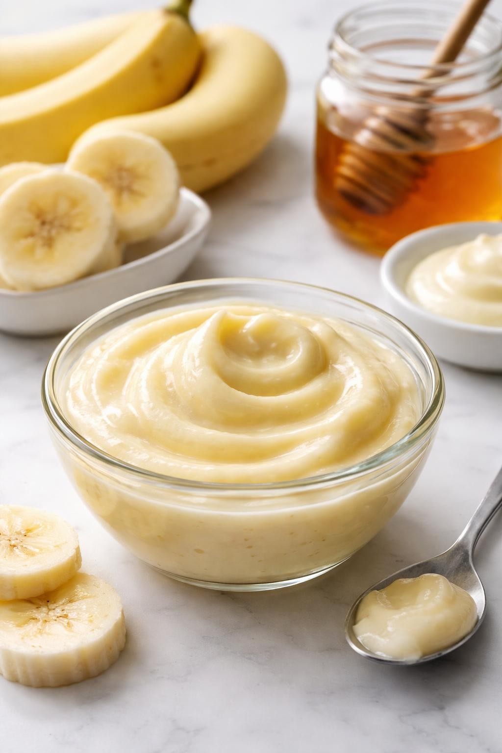 A realistic close-up photo of a small glass bowl filled with banana honey hair conditioner on a clean white marble countertop. Banana slices, a jar of honey, a spoon, and a small dish of conditioner base are arranged neatly around the bowl. Bright cool-toned natural light, crisp detail, realistic texture, clean minimal setup, strong focus on the creamy homemade conditioner mixture, no people, no text, (no watermarks on images)