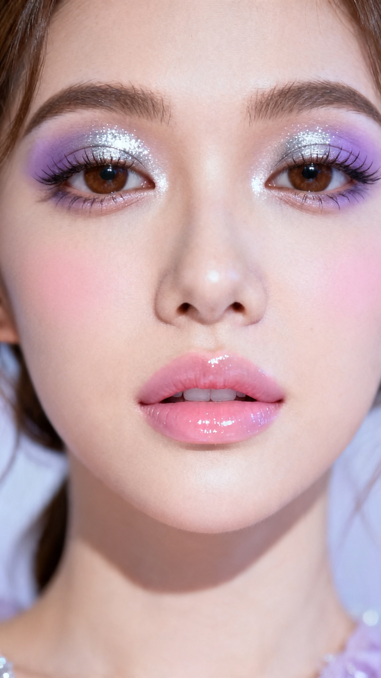 Super realistic close-up beauty portrait of a young woman with brown eyes wearing cute prom makeup, featuring pale lilac eyeshadow washed over the lids, silver shimmer concentrated at the center, cool taupe crease blending, white shimmer inner-corner brightness, long lifted lashes, cool soft pink blush, milky pink glossy lips, soft glowy skin texture, polished brows, shot from a front-facing close-up, with cool diffused beauty lighting that clearly reveals the silver-lilac shimmer and glossy lips, soft half-up romantic hairstyle, blurred pastel elegant background, feminine modern beauty photography, latest iPhone photo quality.