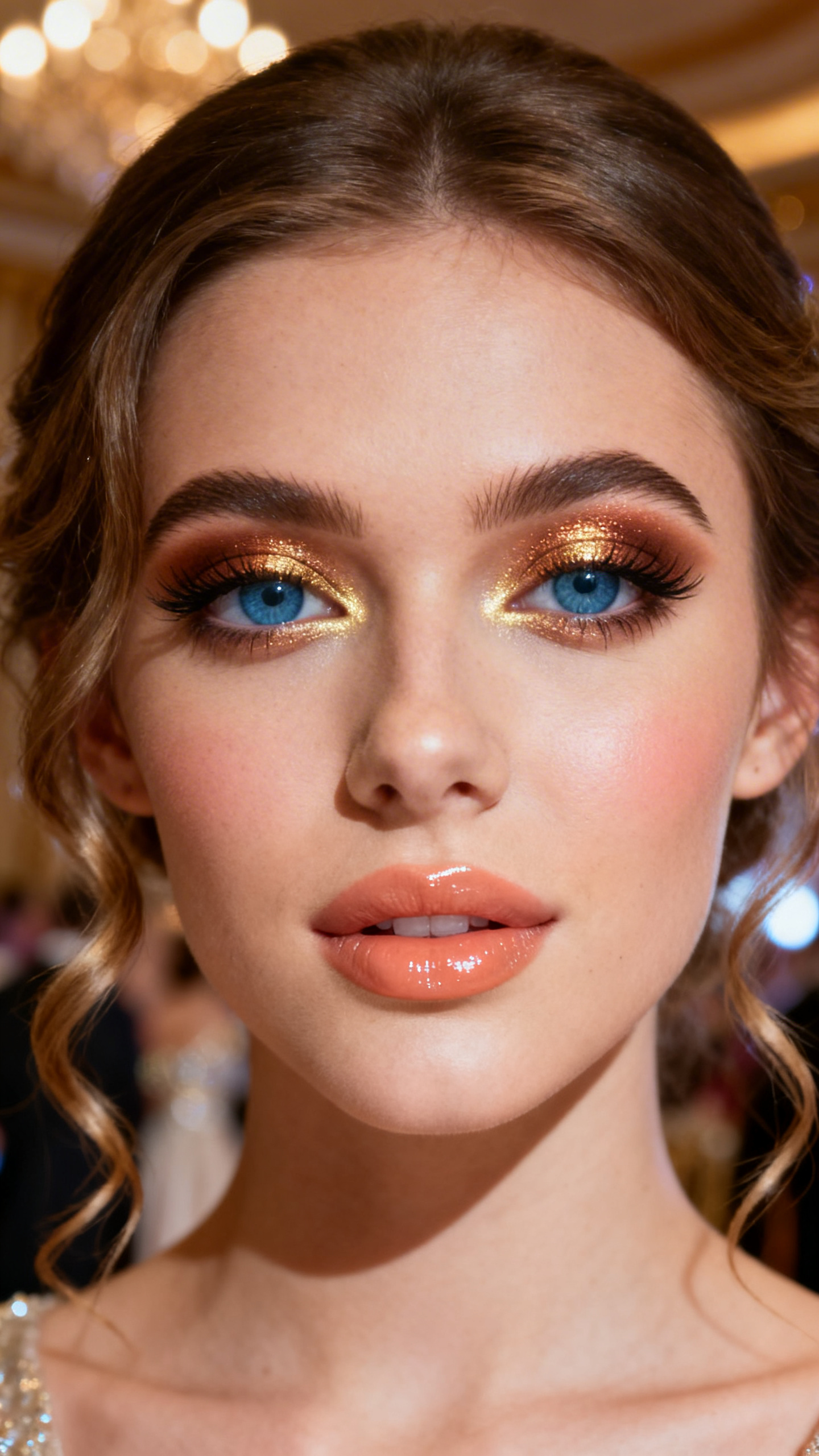 IMAGE_PROMPT: Super realistic close-up beauty portrait of a young woman with blue eyes wearing lovely prom makeup, featuring a soft bronze halo eye with caramel-brown inner and outer corners, warm tan crease blending, bright bronze center-lid shimmer, lifted volumized lashes, warm peach blush, champagne-gold highlight, peach nude glossy lips, softly shaped brows, realistic skin texture with a radiant golden glow, shot from a front-facing beauty portrait, with warm diffused prom lighting that clearly reveals the halo eye placement, metallic shine, blue eyes, and glossy lips, softly curled hair, blurred elegant ballroom background, feminine modern beauty photography, latest iPhone photo quality.