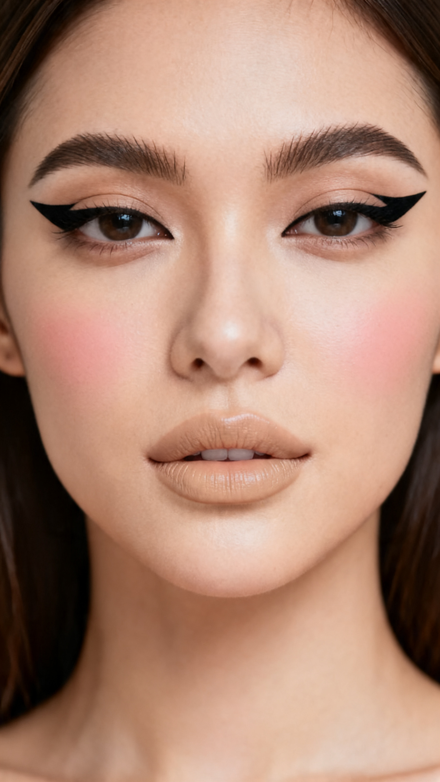 Super realistic close-up beauty portrait of a woman wearing graphic double wing black liner, clean eyelids, semi-matte skin, minimal blush, beige nude lips, and brushed-up brows, shot from a front-facing portrait, with soft studio lighting that clearly reveals the makeup texture and color, realistic skin texture, sleek hair framing the face, minimal background, feminine modern beauty photography, latest iPhone photo quality.