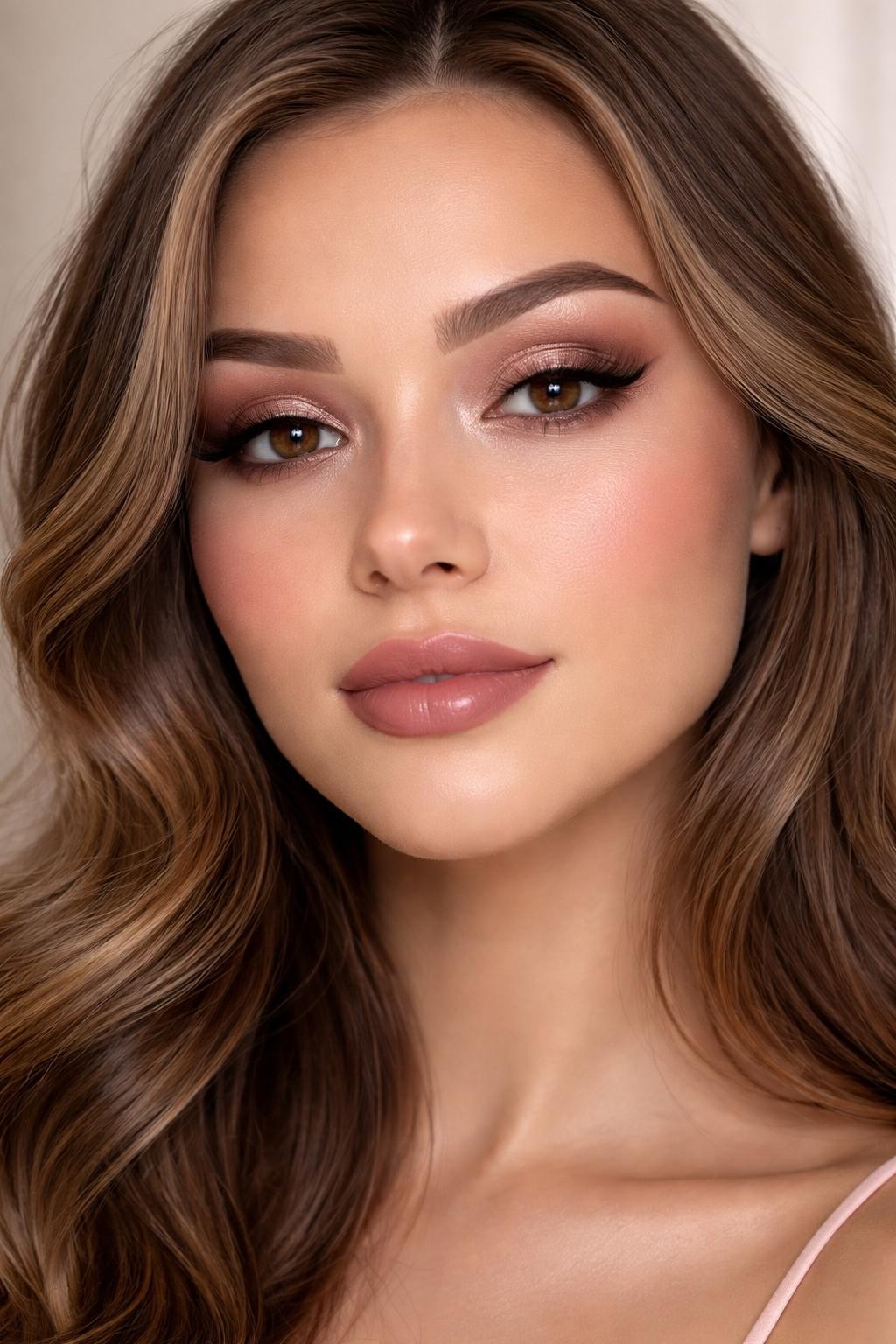 Super realistic close-up beauty portrait of a woman wearing rose pink shimmer eyeshadow with soft taupe blending, soft brown liner, champagne pink highlight, smooth glowing skin, soft mauve satin lips, and fluttery lashes, shot from a front-facing portrait, with soft vanity lighting that clearly reveals the makeup texture and color, realistic skin texture, softly styled hair, minimal background, feminine modern beauty photography, latest iPhone photo quality.