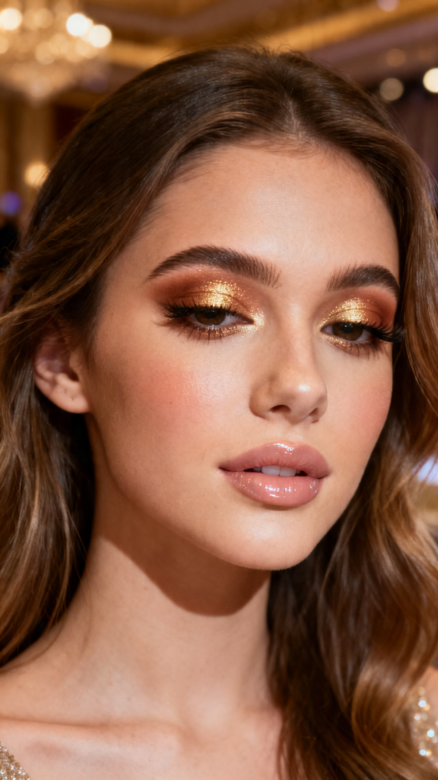 Super realistic close-up beauty portrait of a young woman wearing classy soft glam prom makeup, featuring soft bronze shimmer eyeshadow over the lids, warm tan crease blending, lightly bronzed cheeks and forehead, champagne-gold highlight, beige pink glossy lips, lifted defined lashes, polished brows, realistic skin texture with a luminous golden satin glow, shot from a three-quarter beauty angle, with warm elegant lighting that clearly reveals the bronze eye shine, cheek warmth, and glossy lips, softly blown-out hair, blurred upscale venue background, feminine modern beauty photography, latest iPhone photo quality.