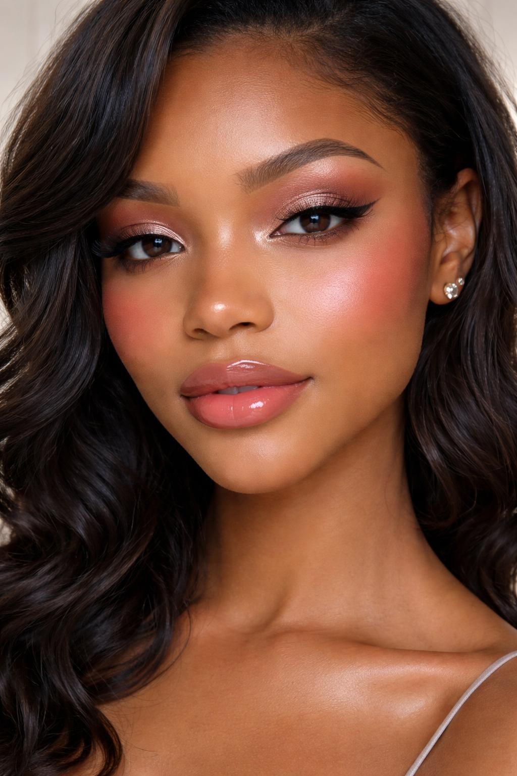 IMAGE_PROMPT: Super realistic close-up beauty portrait of a black young woman wearing cute prom makeup for brown eyes, featuring luminous rose gold shimmer eyeshadow across the lids, soft mauve crease blending, gentle espresso-brown lash-line definition, fluttery curled lashes, peachy rose blush placed high on the cheeks, glossy warm nude pink lips, softly highlighted inner corners, polished brows, realistic skin texture with a fresh radiant satin glow, shot from a front-facing beauty portrait, with soft diffused prom-style studio lighting that clearly reveals the shimmer, skin finish, and lip gloss, softly curled hair framing the face, blurred elegant neutral background, feminine modern beauty photography, latest iPhone photo quality.