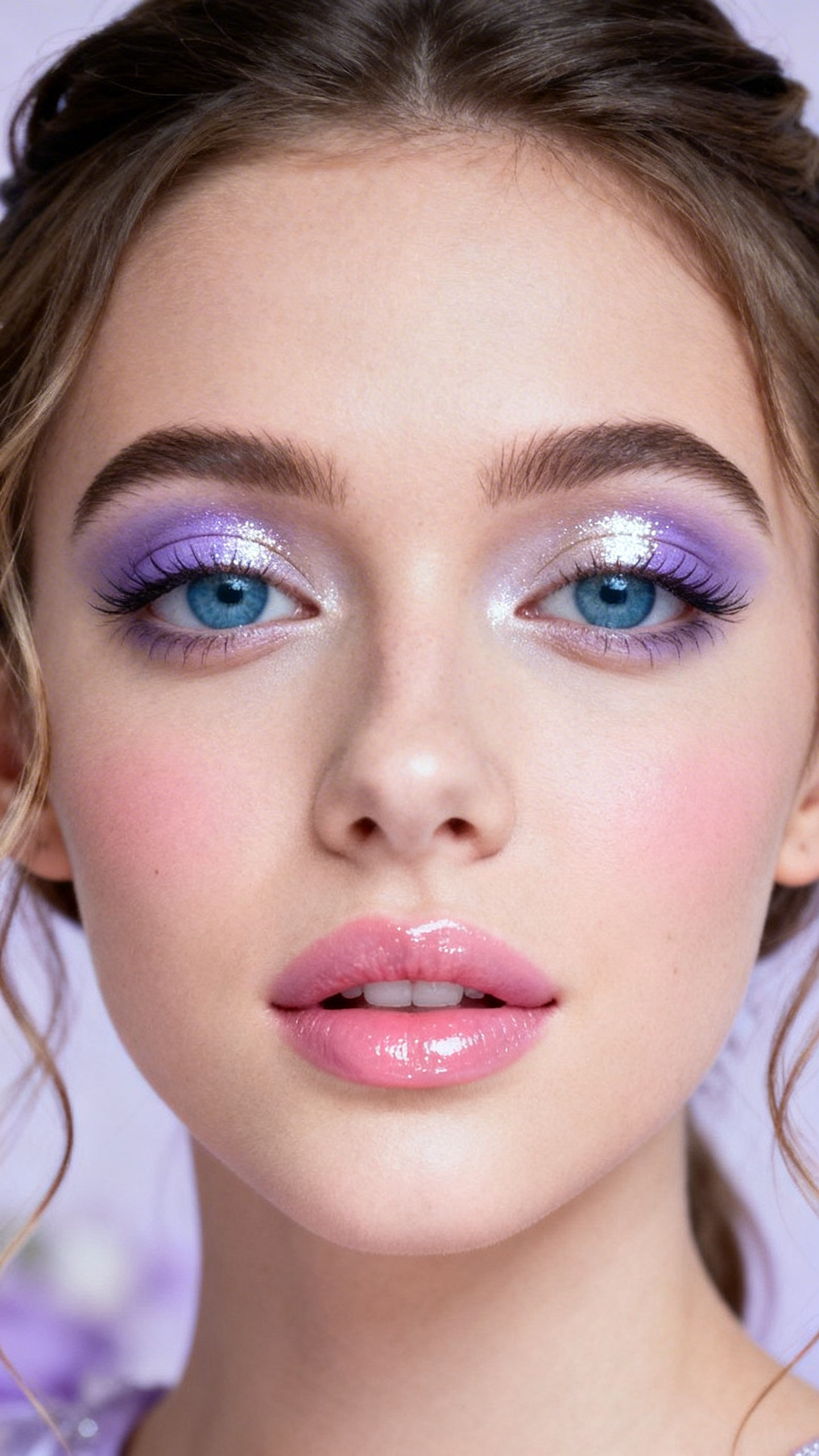 IMAGE_PROMPT: Super realistic close-up beauty portrait of a young woman with clear blue eyes wearing lovely prom makeup, featuring pale lilac eyeshadow, lavender shimmer concentrated at the center of the lids, cool taupe crease blending, white shimmer inner-corner brightness, soft volumized lashes, cool pink blush, milky pink glossy lips, refined brows, realistic skin texture with a fresh radiant finish, shot from a front-facing close-up, with cool soft beauty lighting that clearly reveals the lavender tones, blue eyes, glossy lips, and skin texture, romantic half-up hairstyle with loose tendrils, blurred pastel elegant background, feminine modern beauty photography, latest iPhone photo quality.