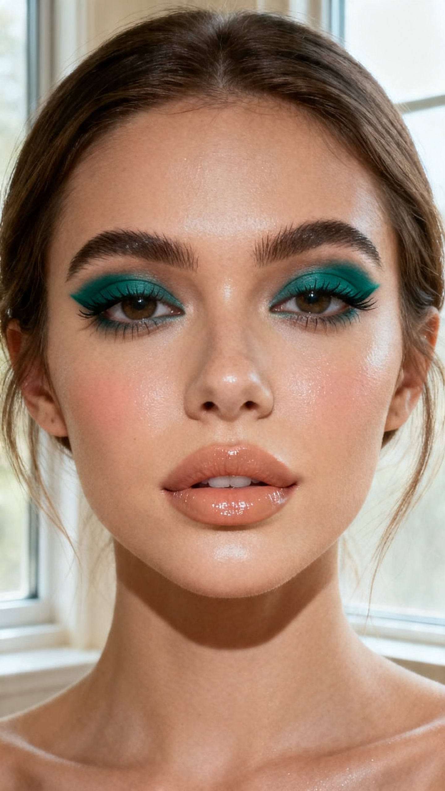 Super realistic close-up beauty portrait of a woman wearing deep teal smudged liner along the upper and lower lash lines on otherwise clean lids, dewy nude skin, soft beige-peach blush, nude tinted balm lips, naturally defined lashes, brushed brows, realistic skin texture with a hydrated glow, shot from a front-facing portrait, with soft natural window light that clearly reveals the teal liner smudge, dewy complexion, and balm lip finish, loose tucked-back hair, minimal creamy background, feminine modern beauty photography, latest iPhone photo quality.