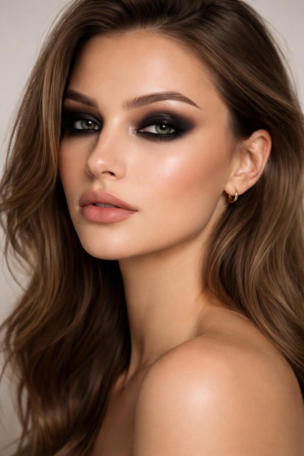 Super realistic close-up beauty portrait of a woman wearing matte black smoky eyes with soft blended edges, defined black lash line, smooth soft-matte skin, subtle contour, nude satin lips, and groomed brows, shot from a three-quarter view, with diffused beauty studio lighting that clearly reveals the makeup texture and color, realistic skin texture, softly styled hair, minimal background, feminine modern beauty photography, latest iPhone photo quality.