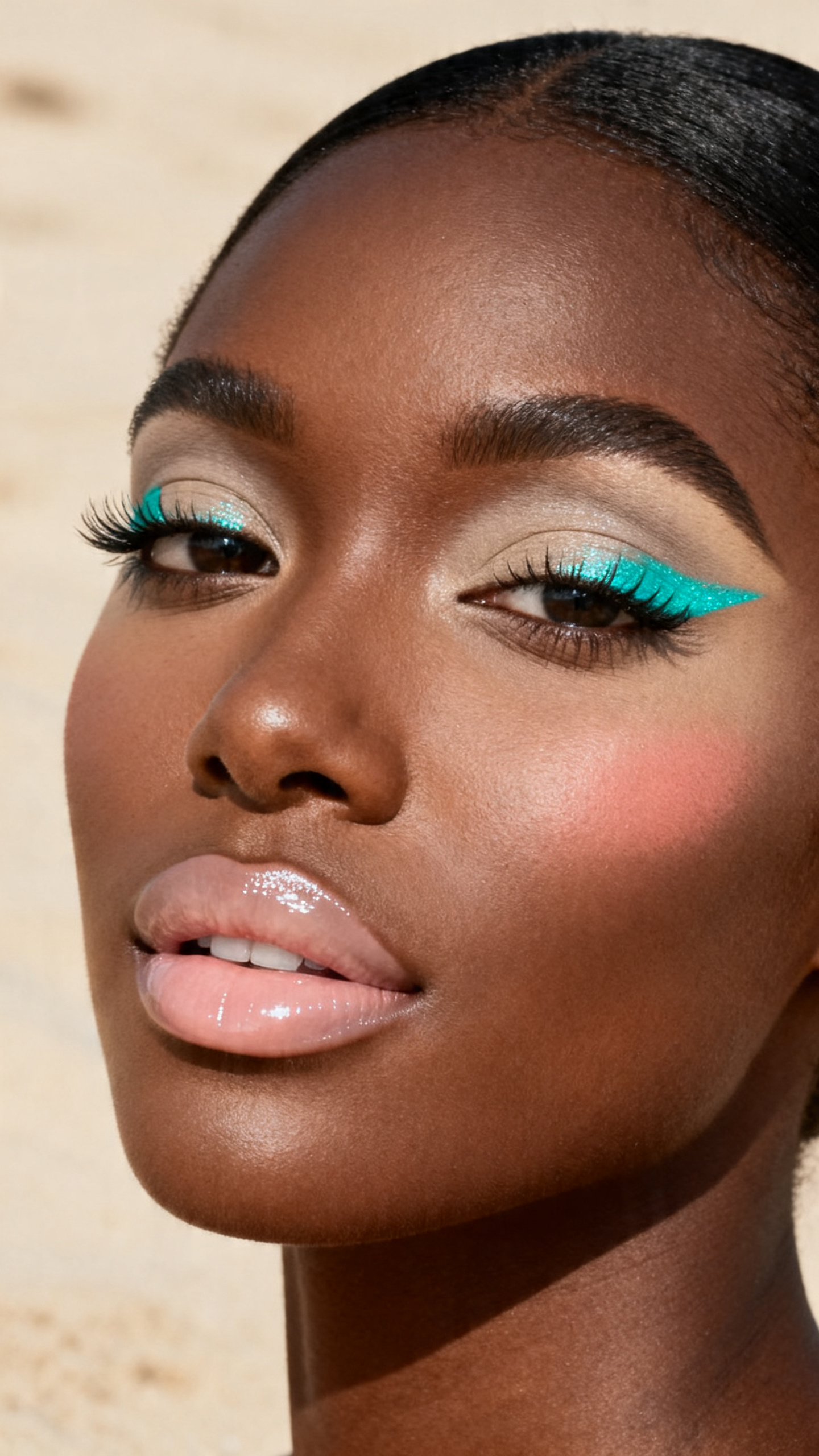  Super realistic close-up beauty portrait of a black woman wearing neutral beige-taupe eyelids with a bright aqua shimmer pop concentrated at the inner corners and front of the lids, beige-rose blush, milky nude-pink glossy lips, naturally separated lashes, polished brows, realistic skin texture with a smooth satin finish, shot from a three-quarter beauty angle, with crisp diffused lighting that clearly reveals the aqua inner-corner placement, fresh skin, and glossy lips, sleek tucked hair, softly blurred sand-toned background, feminine modern beauty photography, latest iPhone photo quality.