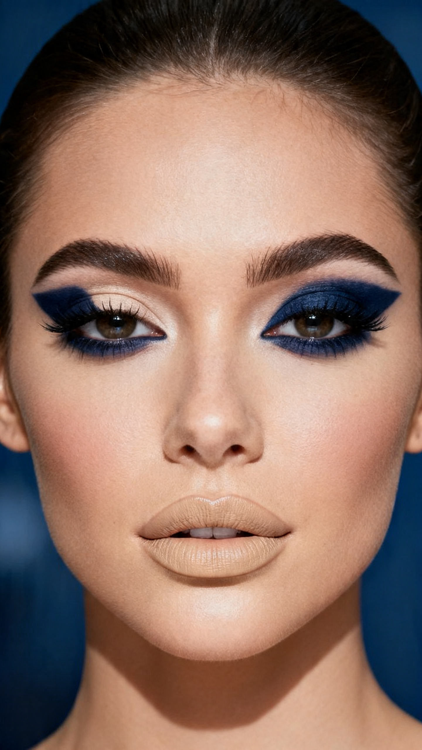 Super realistic close-up beauty portrait of a woman wearing a midnight-blue cut crease with deep navy outer-corner sculpting, pale carved lid contrast, dark navy liner, soft dramatic lashes, satin beige nude lips, softly contoured cheeks, structured brows, realistic skin texture with a smooth satin-matte finish, shot from a front-facing beauty portrait, with elegant diffused studio lighting that clearly reveals the cut-crease structure, midnight blue depth, and satin lip finish, sleek hair pulled back, blurred deep blue background, feminine modern beauty photography, latest iPhone photo quality.