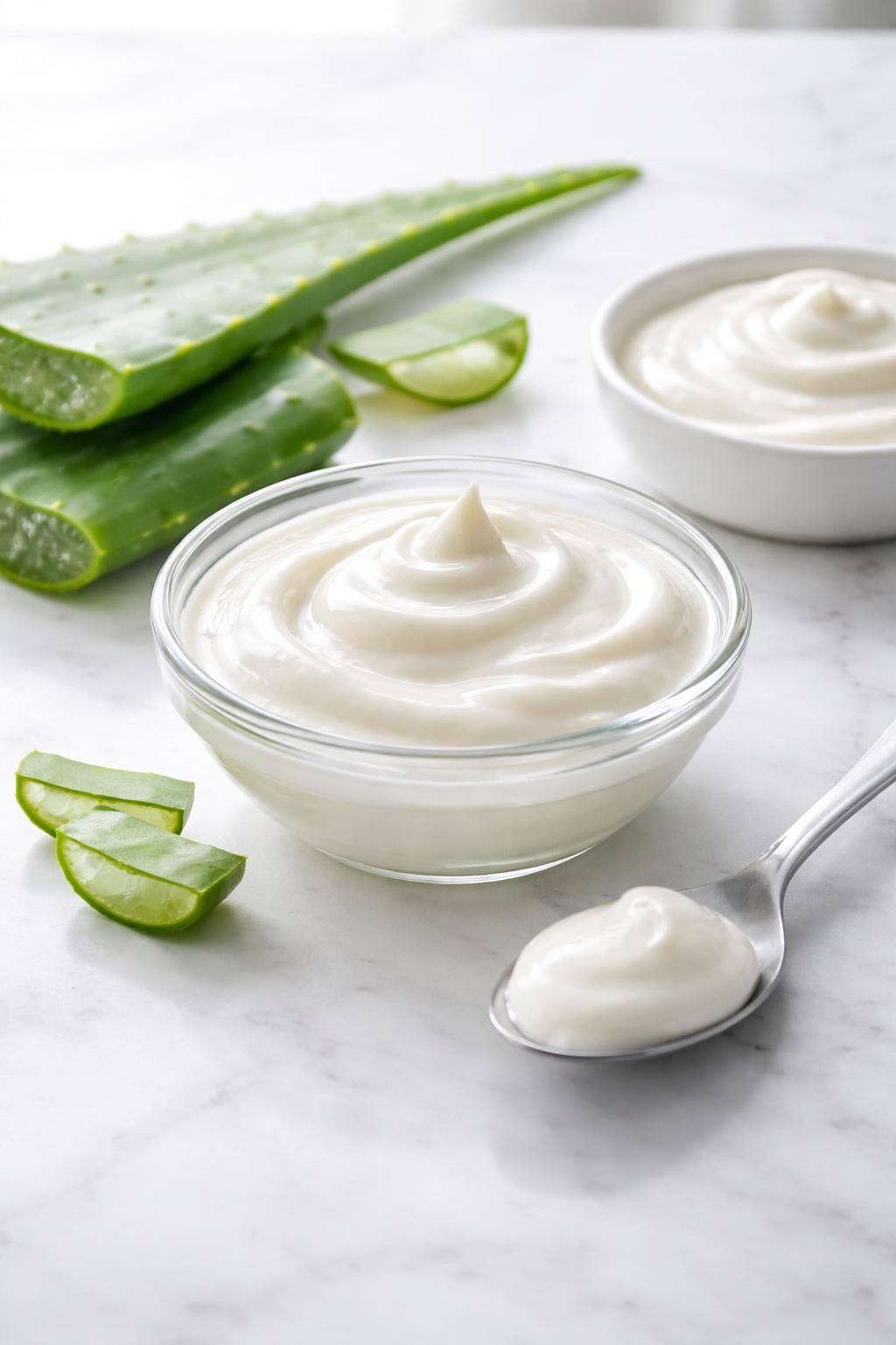 A realistic close-up photo of a small glass bowl filled with aloe vera yogurt hair conditioner on a clean white marble countertop. A cut aloe leaf, a spoonful of plain yogurt, and a small dish of conditioner base are arranged neatly around the bowl. Bright cool-toned natural light, crisp detail, realistic texture, clean minimal setup, strong focus on the smooth creamy conditioner mixture, no people, no text, (no watermarks on images)